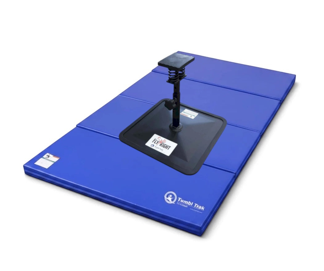 UK Gym Pits blue folding panel tumbling mat for cheerleading and gymnastics practice on a white background