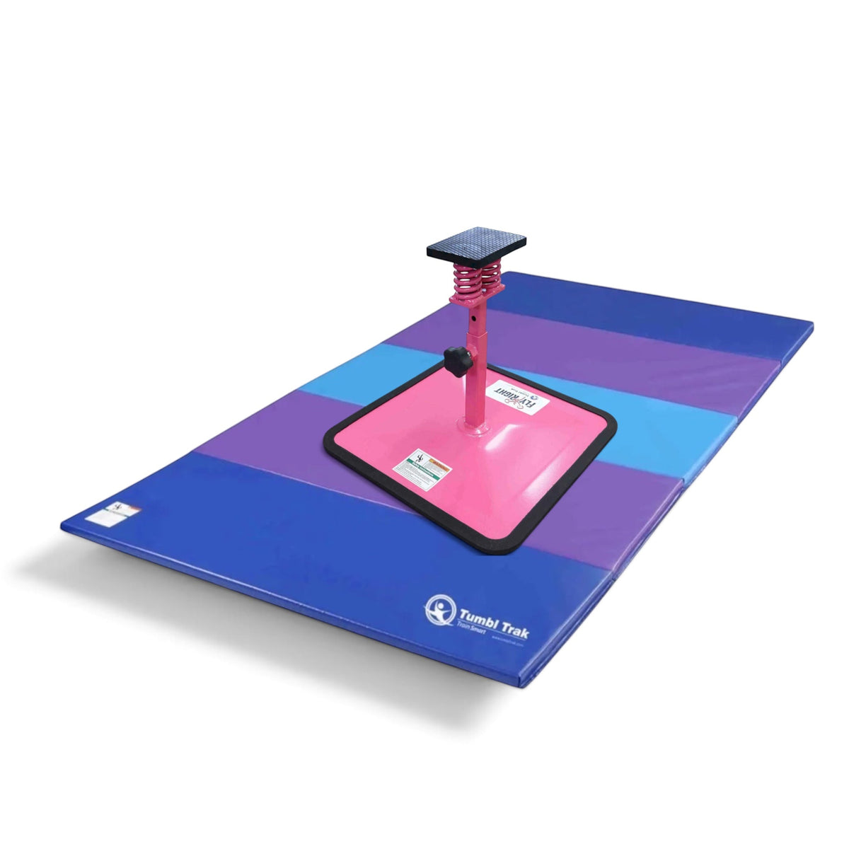 UK Gym Pits Flyers Dream Package featuring a pink Fly Right stunting stand on a multi-coloured folding tumbling mat.