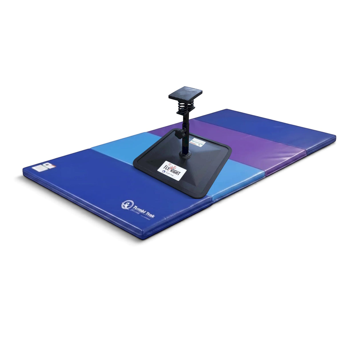 UK Gym Pits Flyers Dream Package featuring a Fly Right stunting stand on a blue and purple folding tumbling mat
