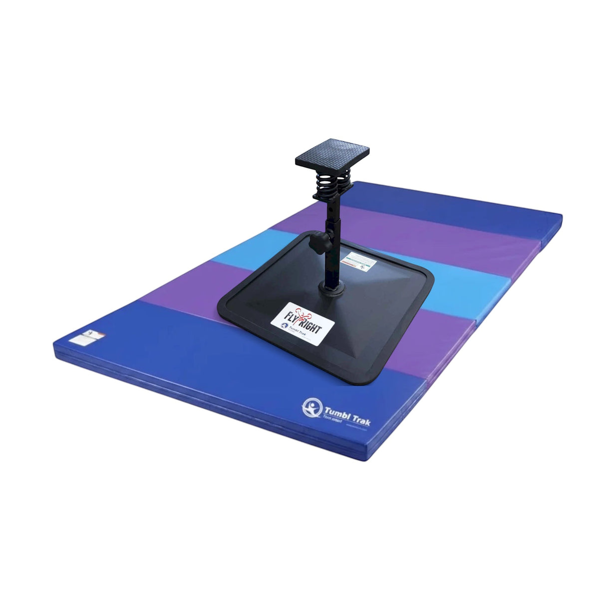 UK Gym Pits Flyers Dream Package featuring a black Fly Right stunting stand on a blue and purple folding tumbling mat.