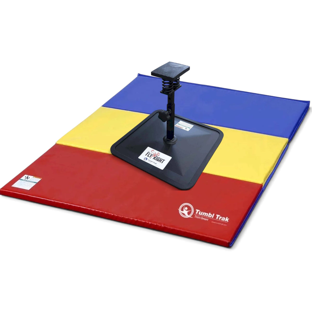 UK Gym Pits Flyers Dream Package featuring a black Fly Right stunting stand on a multi-coloured folding tumbling mat.