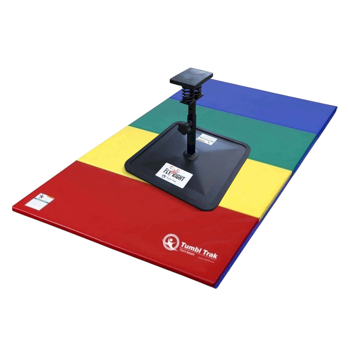 UK Gym Pits multi-coloured folding vinyl tumbling mat for cheerleading and gymnastics training on a white background