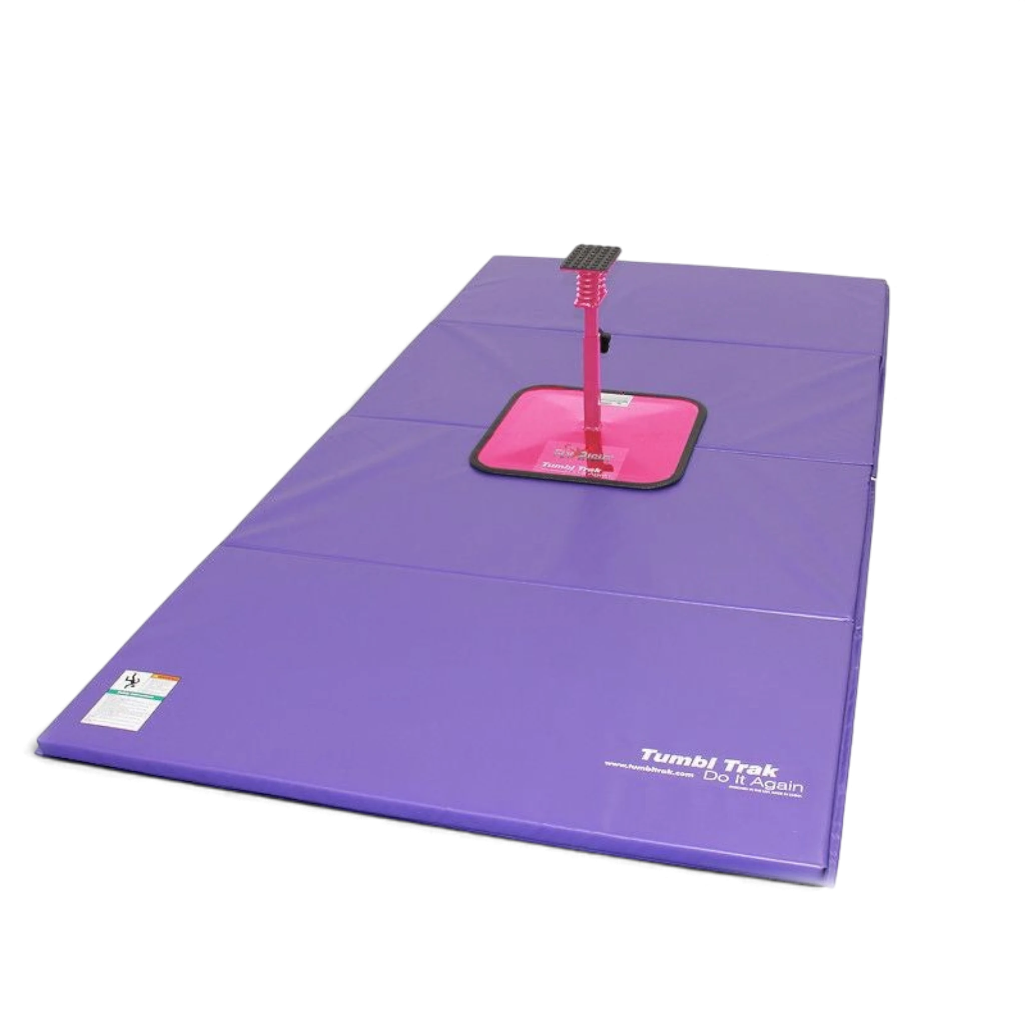 UK Gym Pits Flyers Dream Package featuring a purple folding tumbling mat and a pink adjustable cheerleading stunt stand