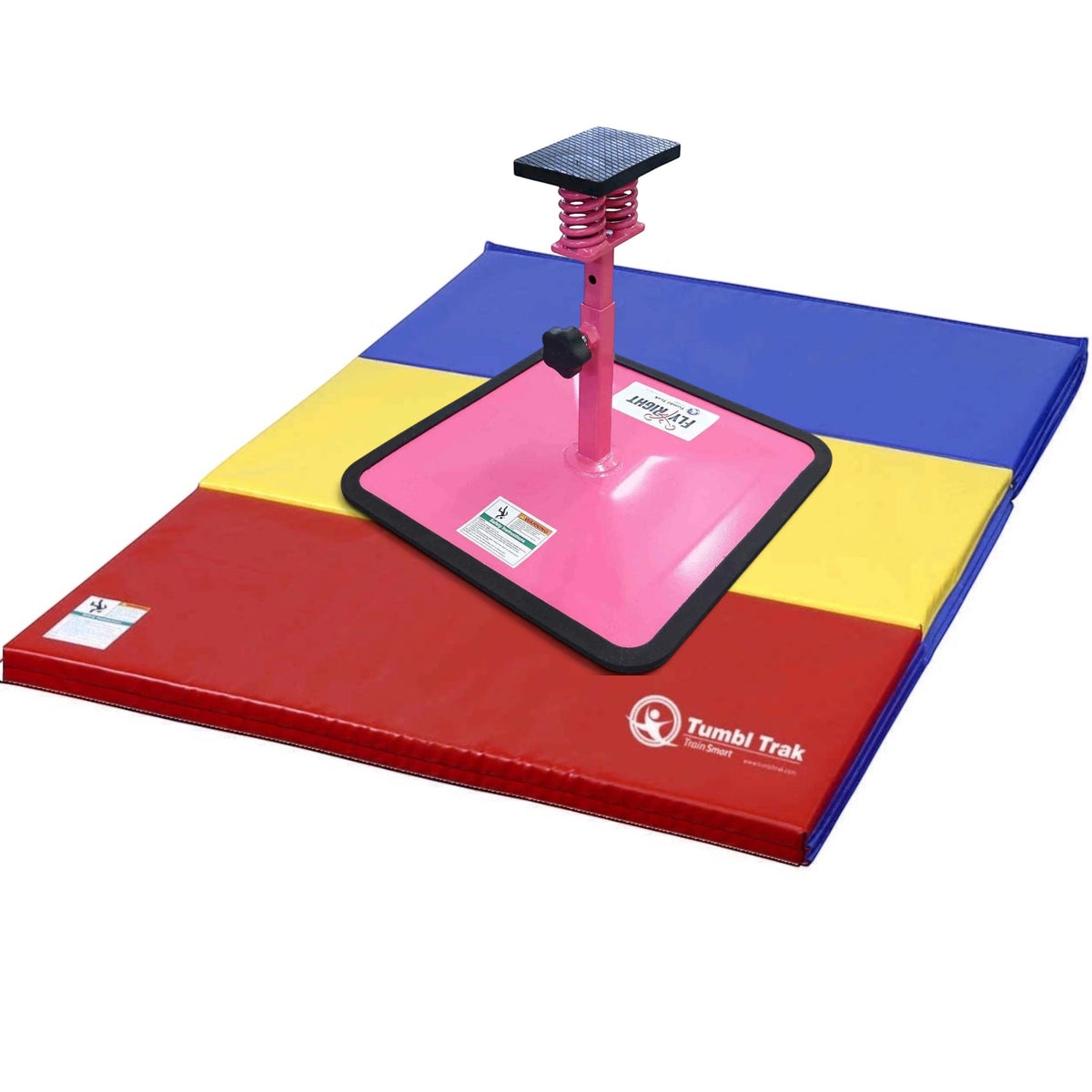 UK Gym Pits Flyers Dream Package featuring a pink Fly Right stunting stand on a multi-coloured folding tumbling mat.