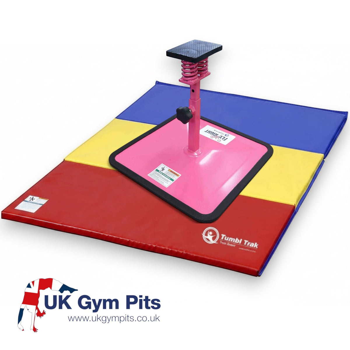 UK Gym Pits Flyers Dream Package featuring a pink Fly Right stunting stand on a multi-coloured folding tumbling mat.