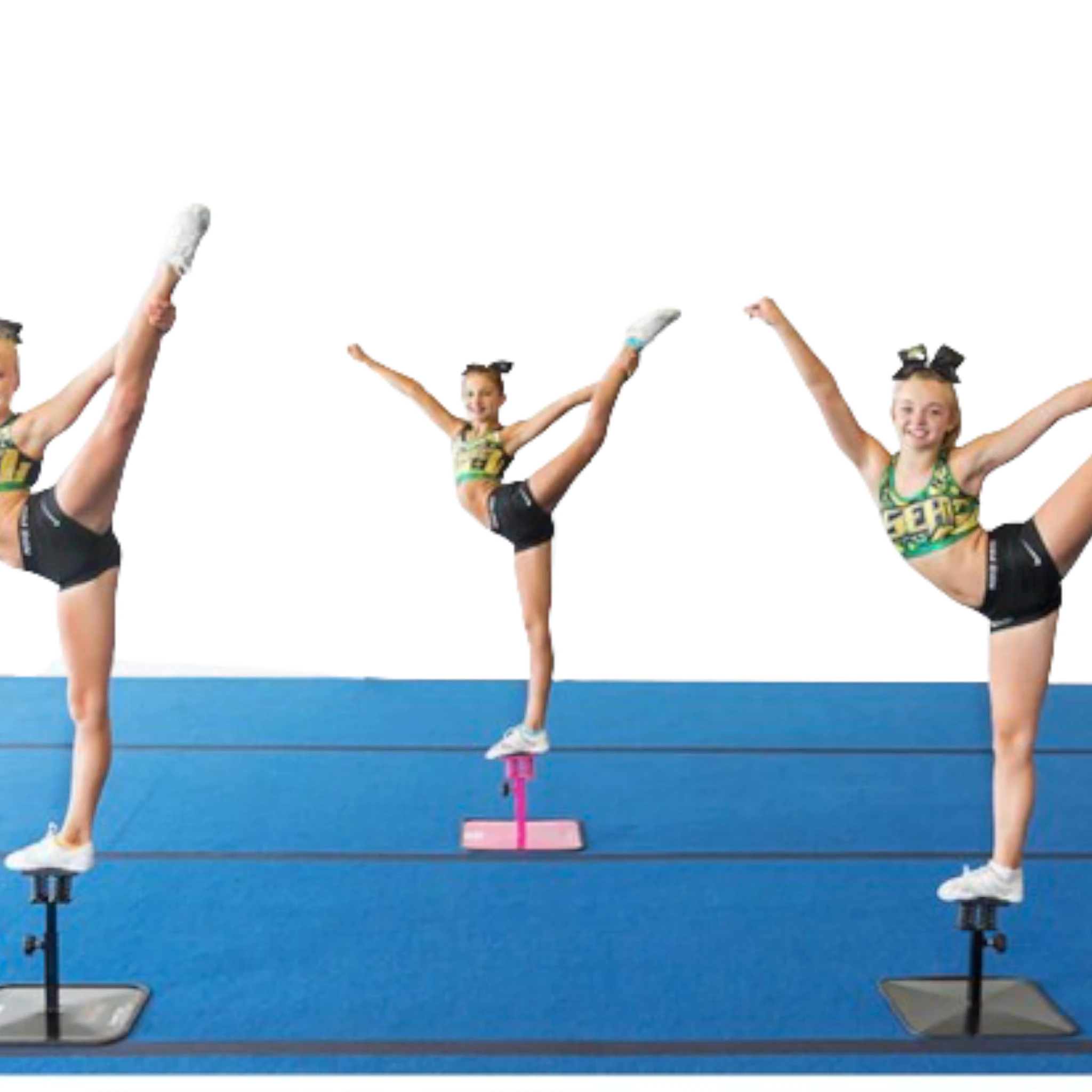 UK Gym Pits Flyers Dream Package with cheerleaders using Fly Right stunting stands and a blue tumbling mat