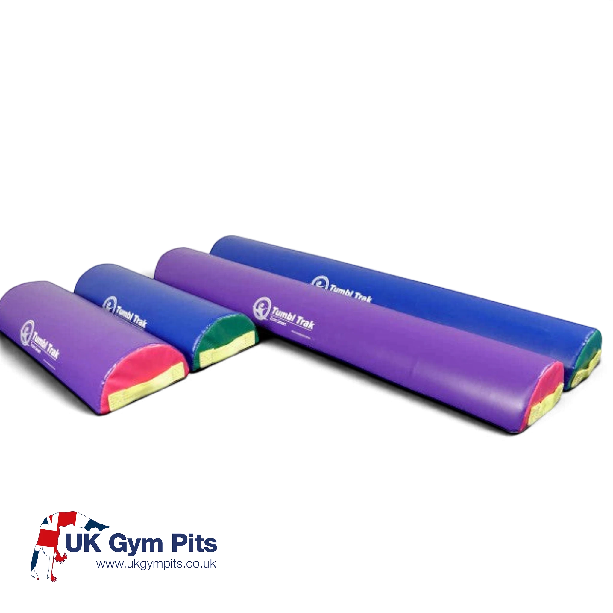 UK Gym Pits vinyl foam half round training bars in various lengths and primary rainbow colours for gymnastics