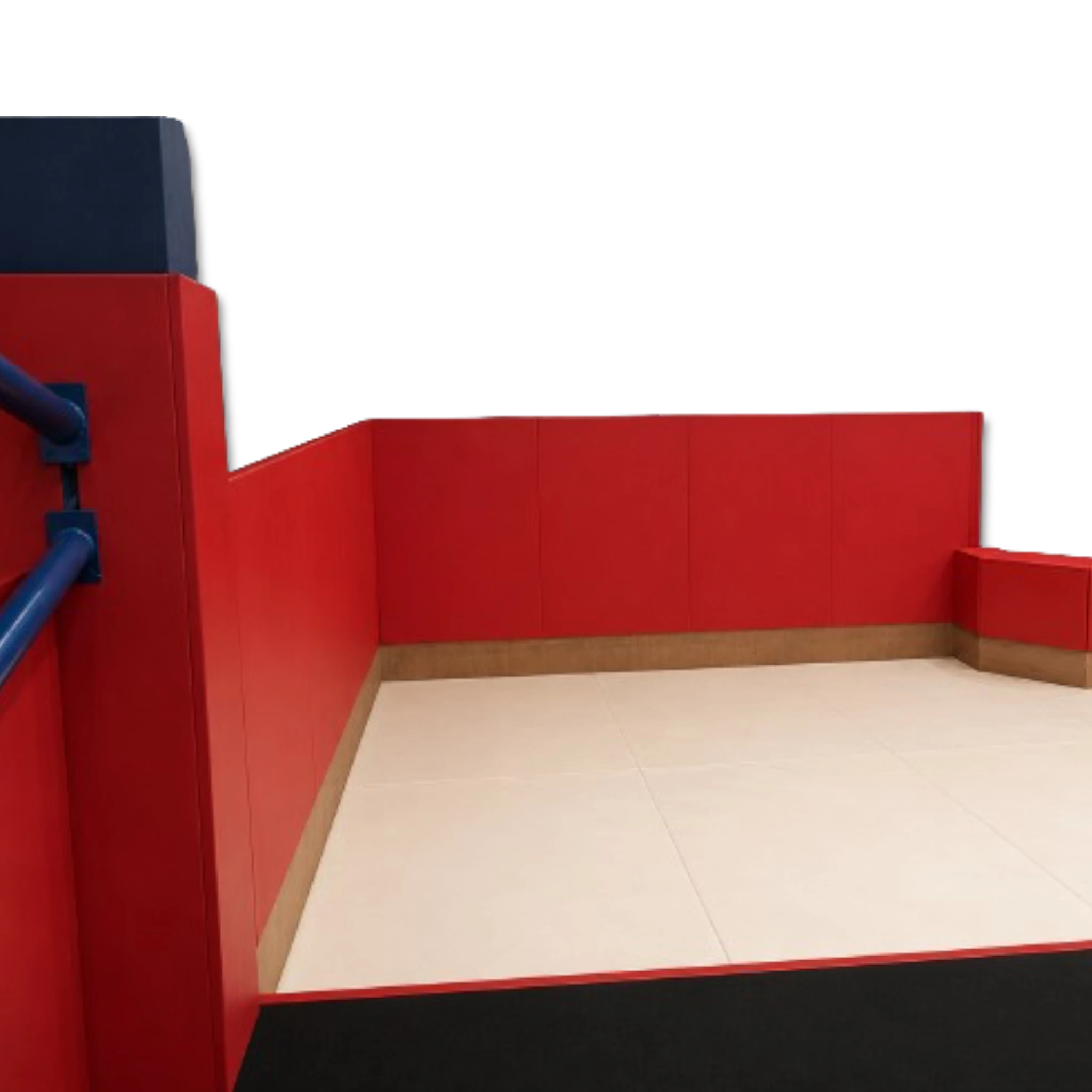 UK Gym Pits foam landing pit base with protective red wall padding and beige floor foam for gymnastics safety