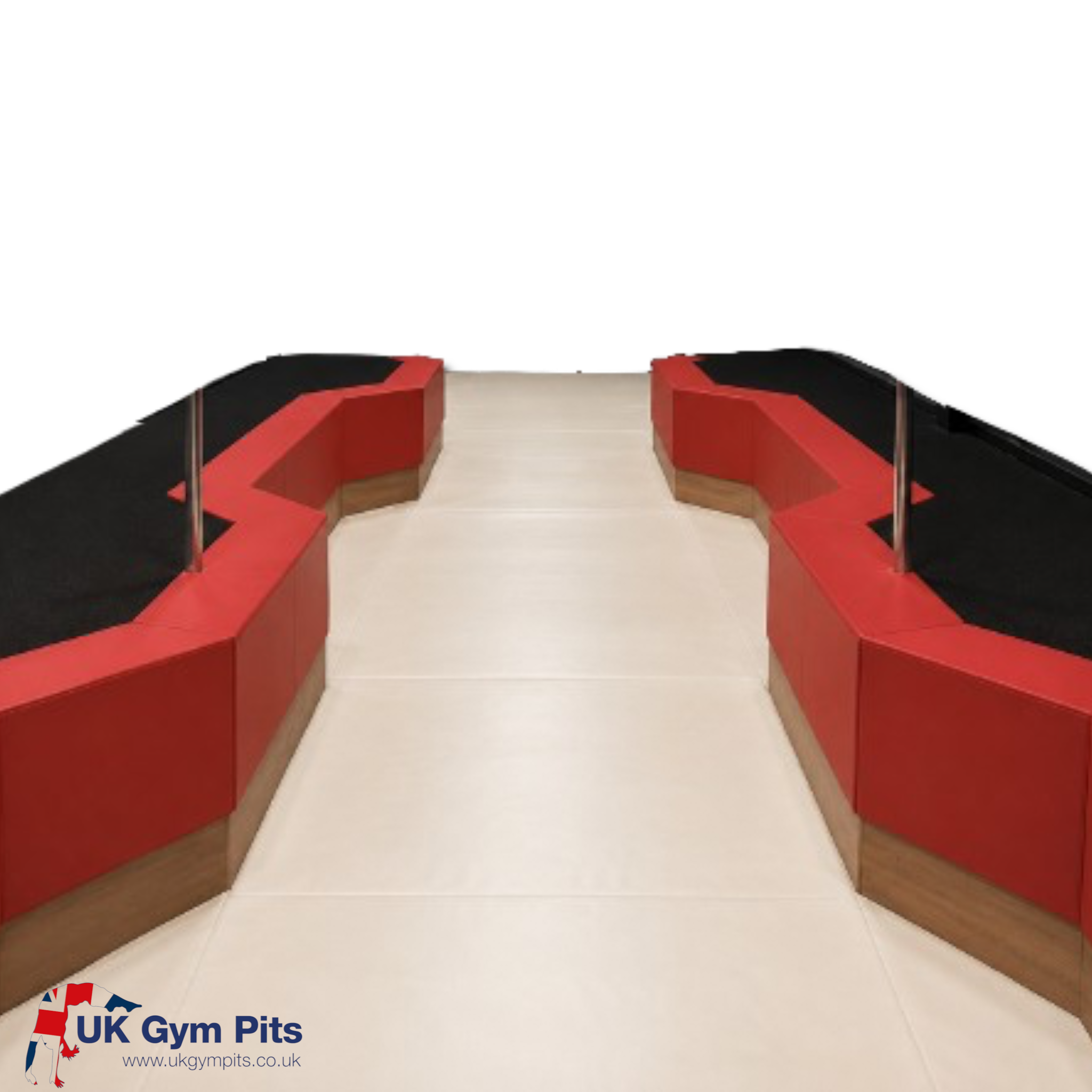 UK Gym Pits foam pit wall and top edge padding in red and black PVC for gymnastics and trampoline centers.