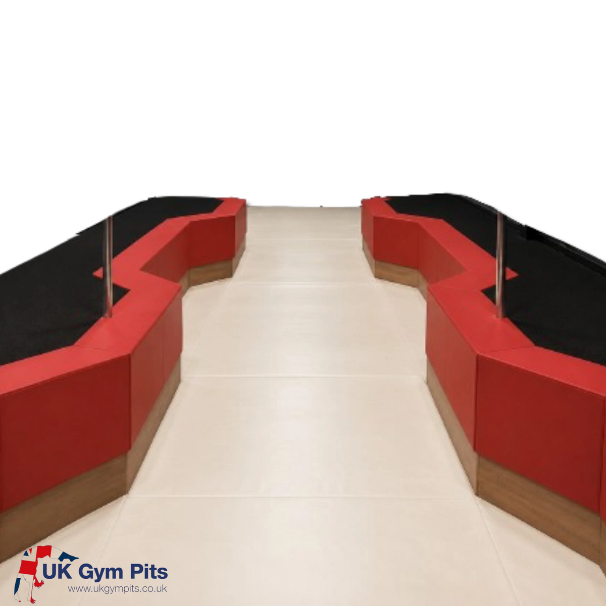 UK Gym Pits foam pit wall and top edge padding in red and black PVC for gymnastics and trampoline centers.