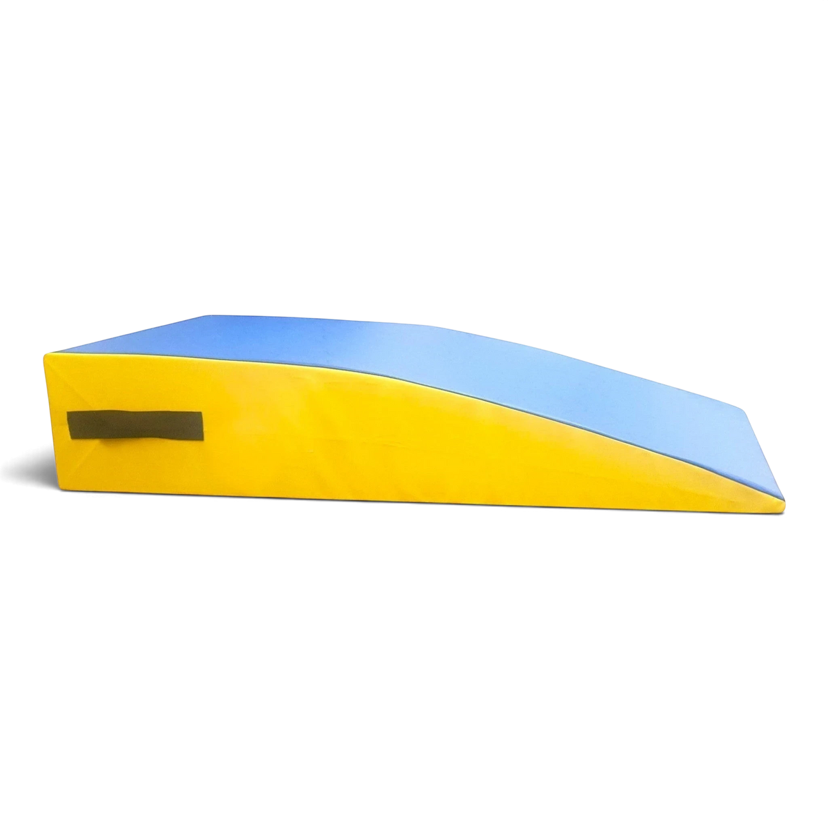 UK Gym Pits foam springboard with a blue top and yellow sides, featuring a durable PVC cover and side carry handles.