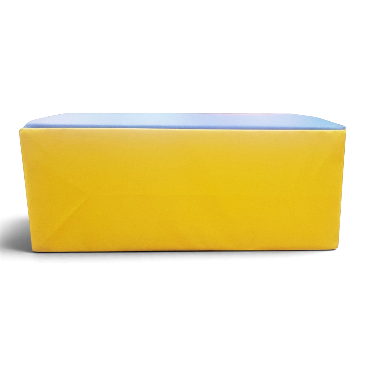 UK Gym Pits foam springboard with a yellow side and blue top, designed for safe gymnastics training for children.