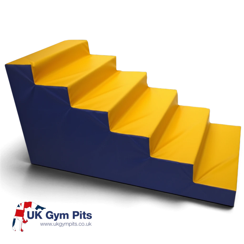 UK Gym Pits yellow and blue foam steps for trampoline access with durable PVC cover and deep treads.
