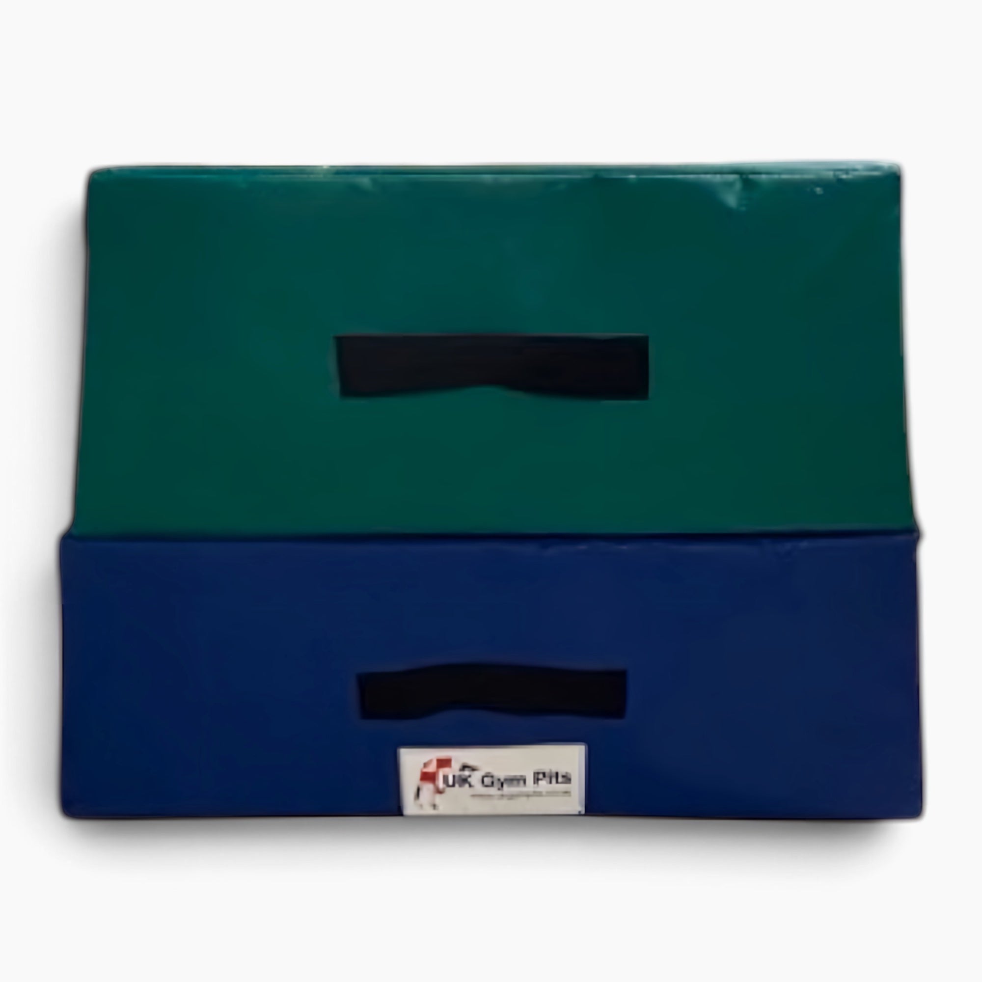 UK Gym Pits 2-tier foam vault box section in green and blue vinyl with black carry handles and anti-slip base.