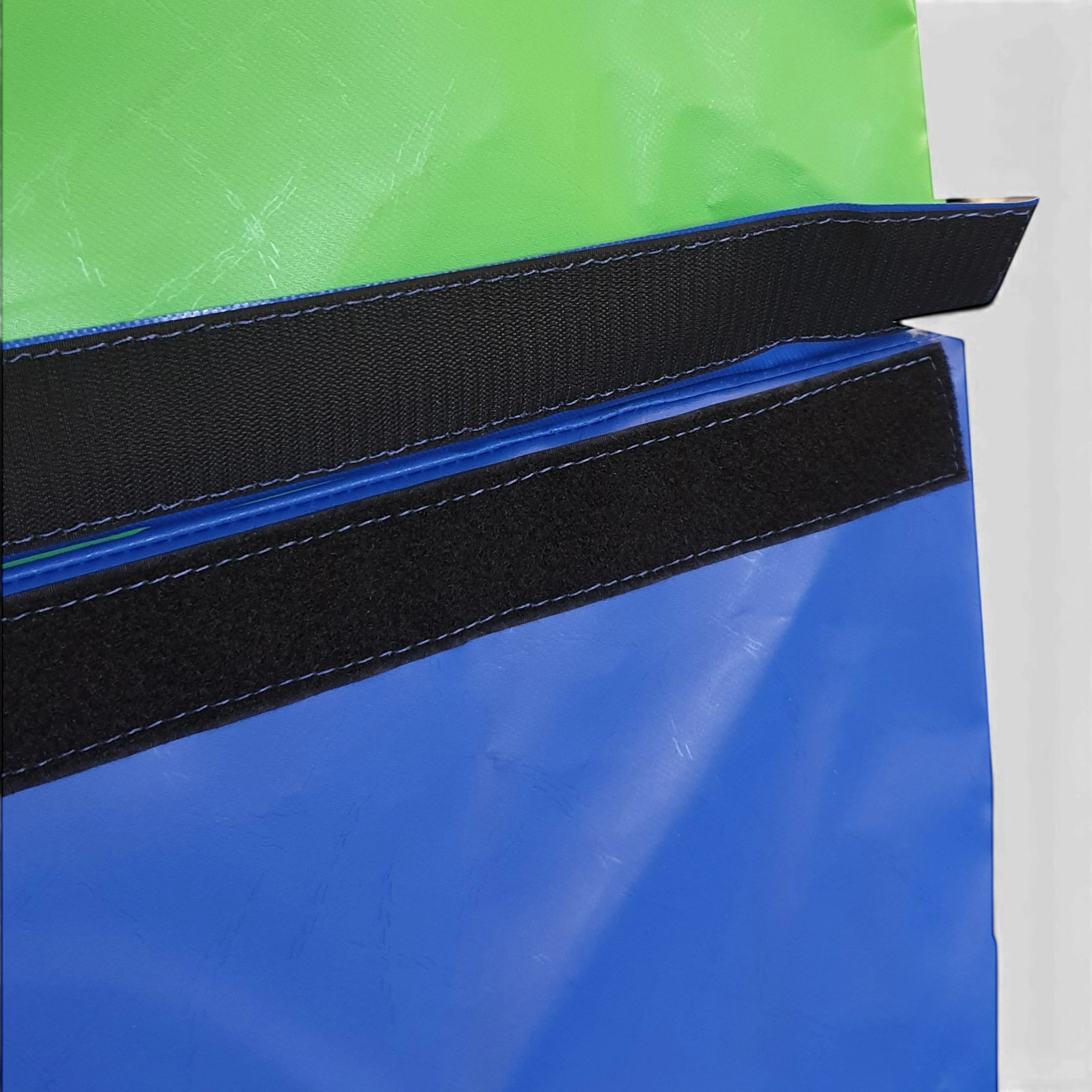 UK Gym Pits 4 tiered foam vault box showing green and blue PVC sections connected by heavy duty black Velcro flaps