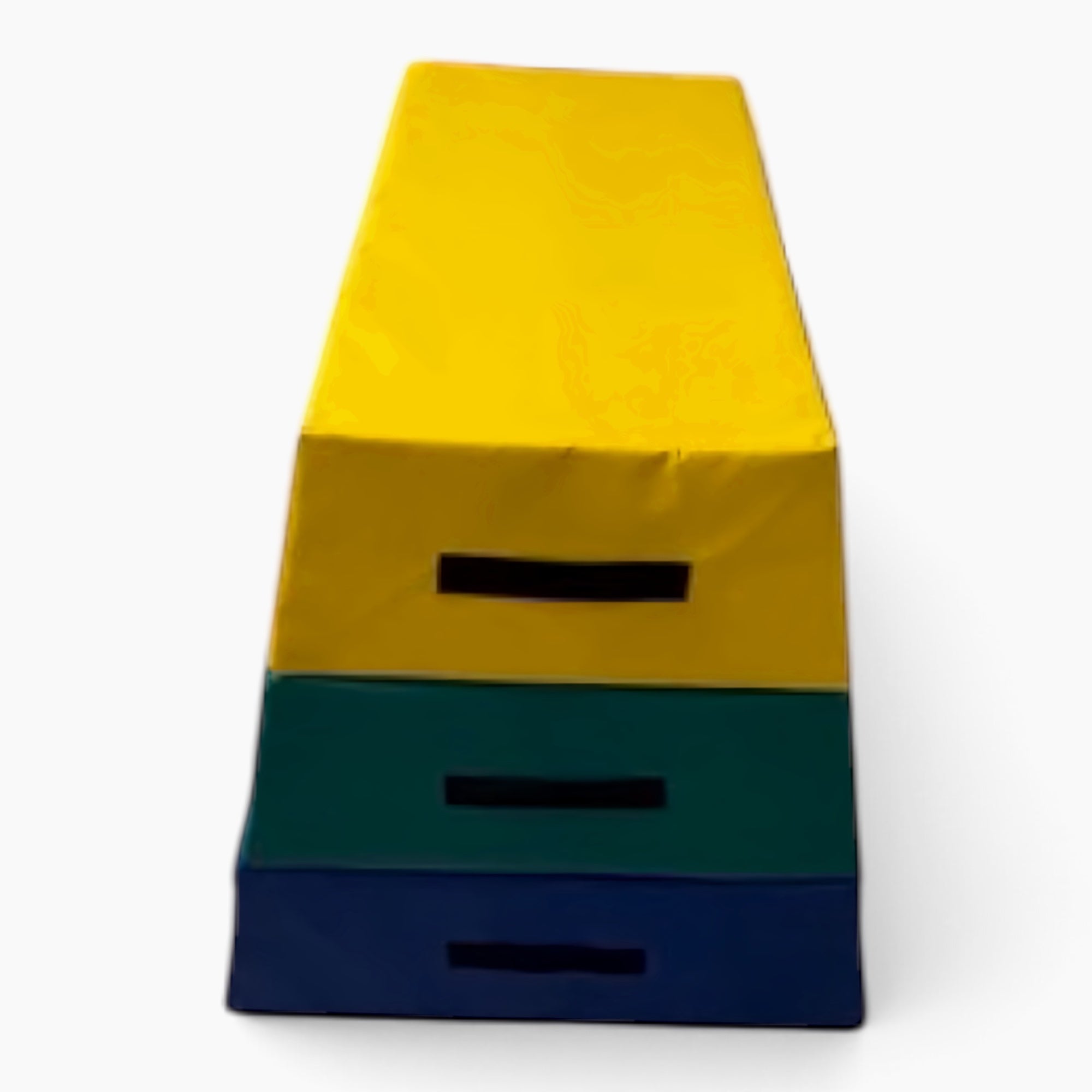 UK Gym Pits 4-tiered foam vault box for gymnastics training with yellow, green, and blue PVC sections.