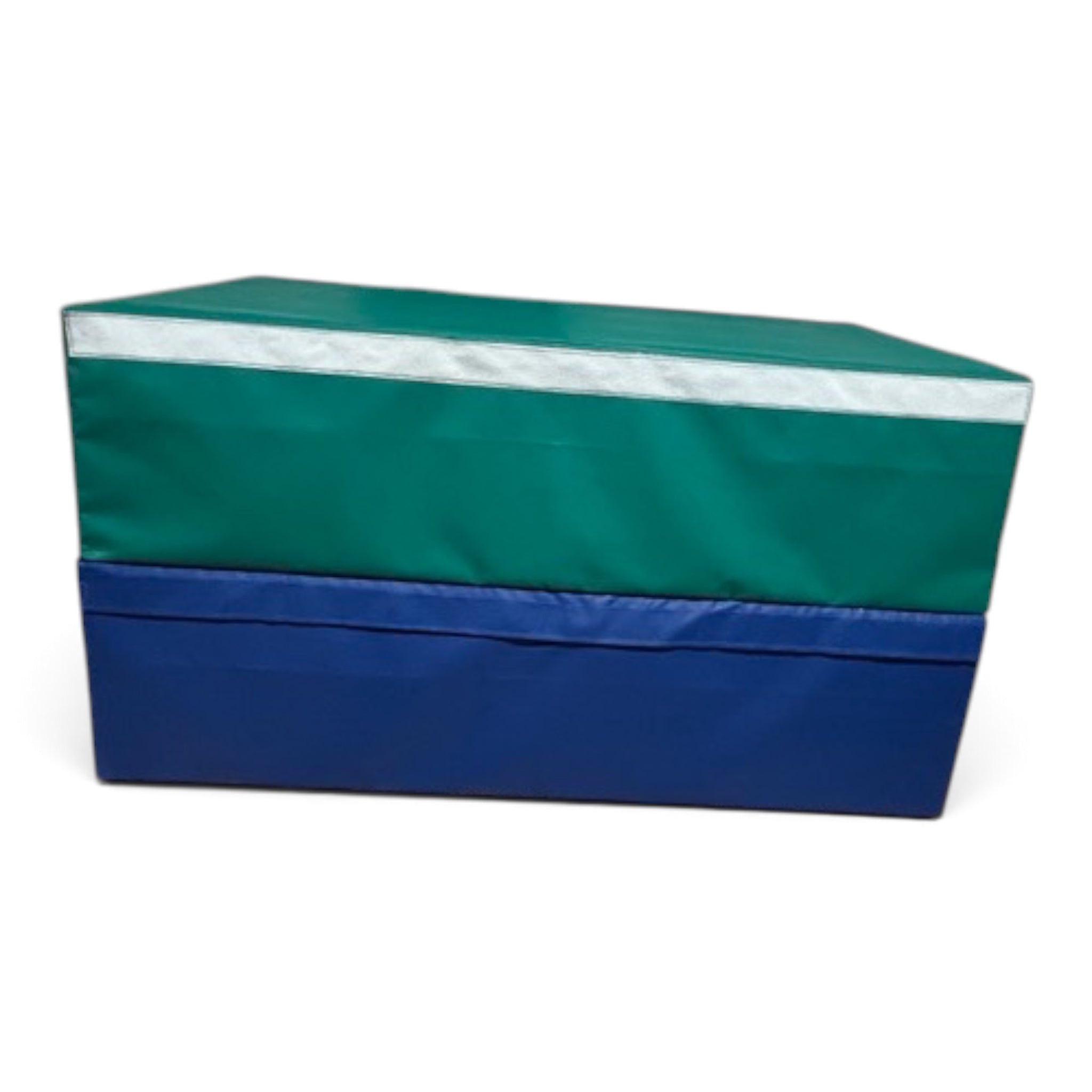 UK Gym Pits 2-tier foam vault box in green and blue PVC with Velcro connectors for gymnastics training