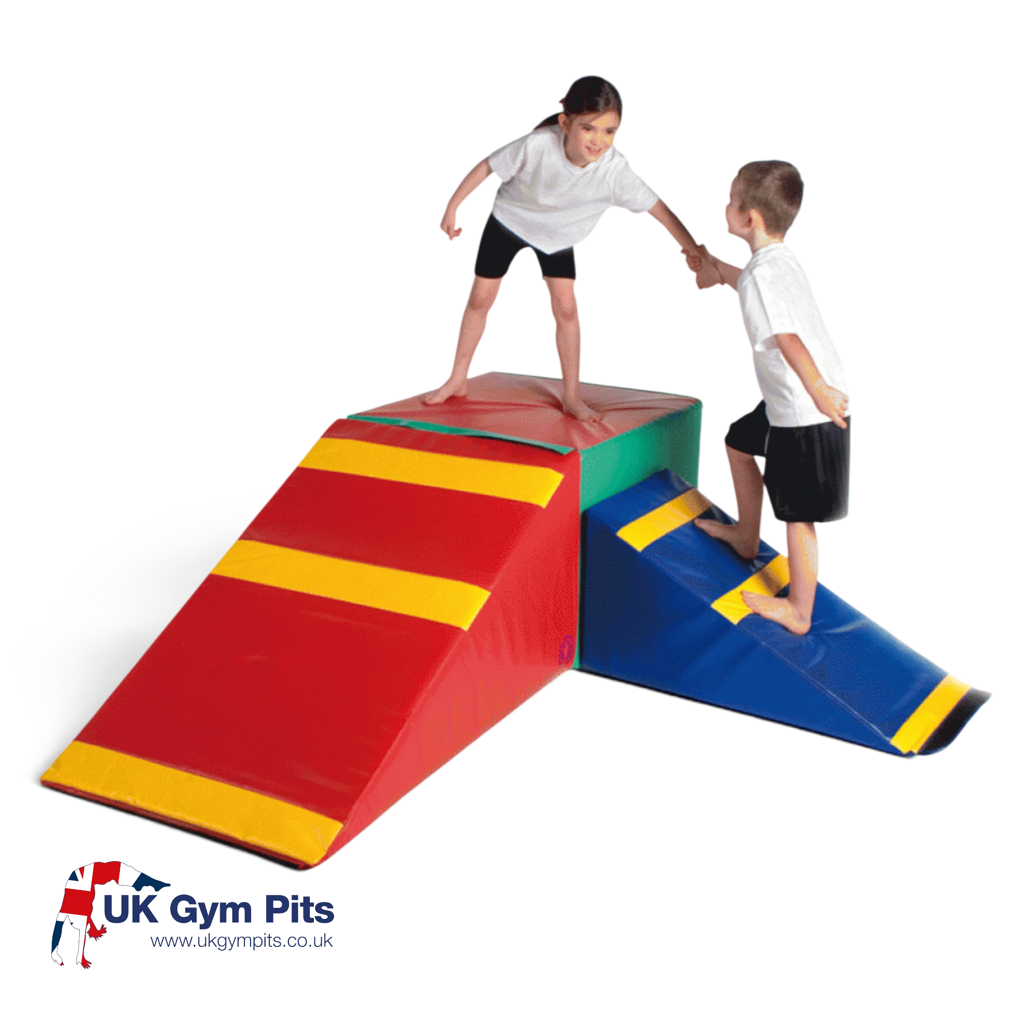 Children playing on UK Gym Pits Jump for Joy Sport red and blue foam wedge mats for gymnastics and soft play