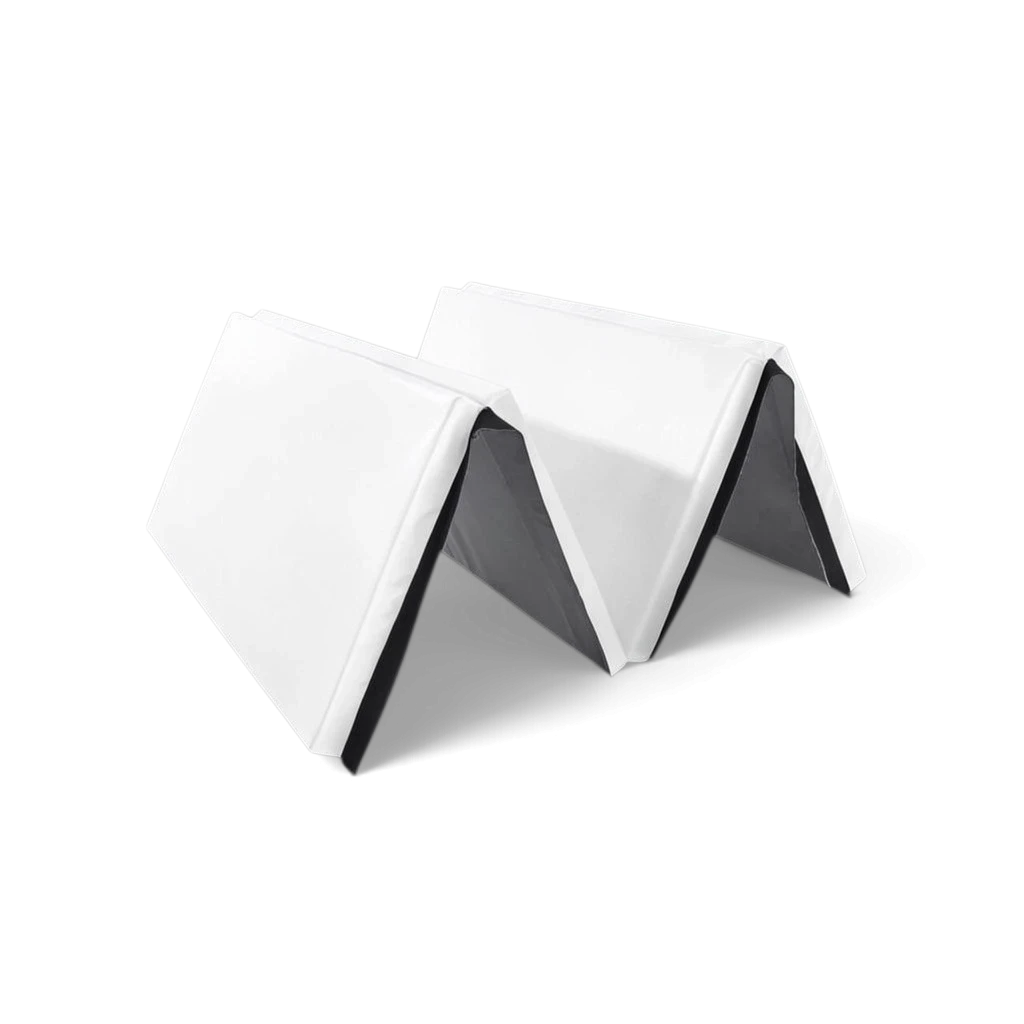 UK Gym Pits white foldable gymnastics mat made of durable PVC fabric and foam, shown in a folded position.