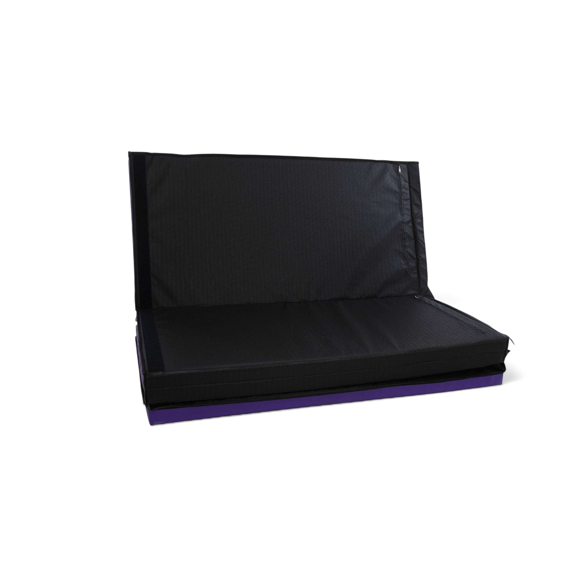 UK Gym Pits foldable gymnastics mat in black and purple PVC with Velcro connectors for easy transport and storage.