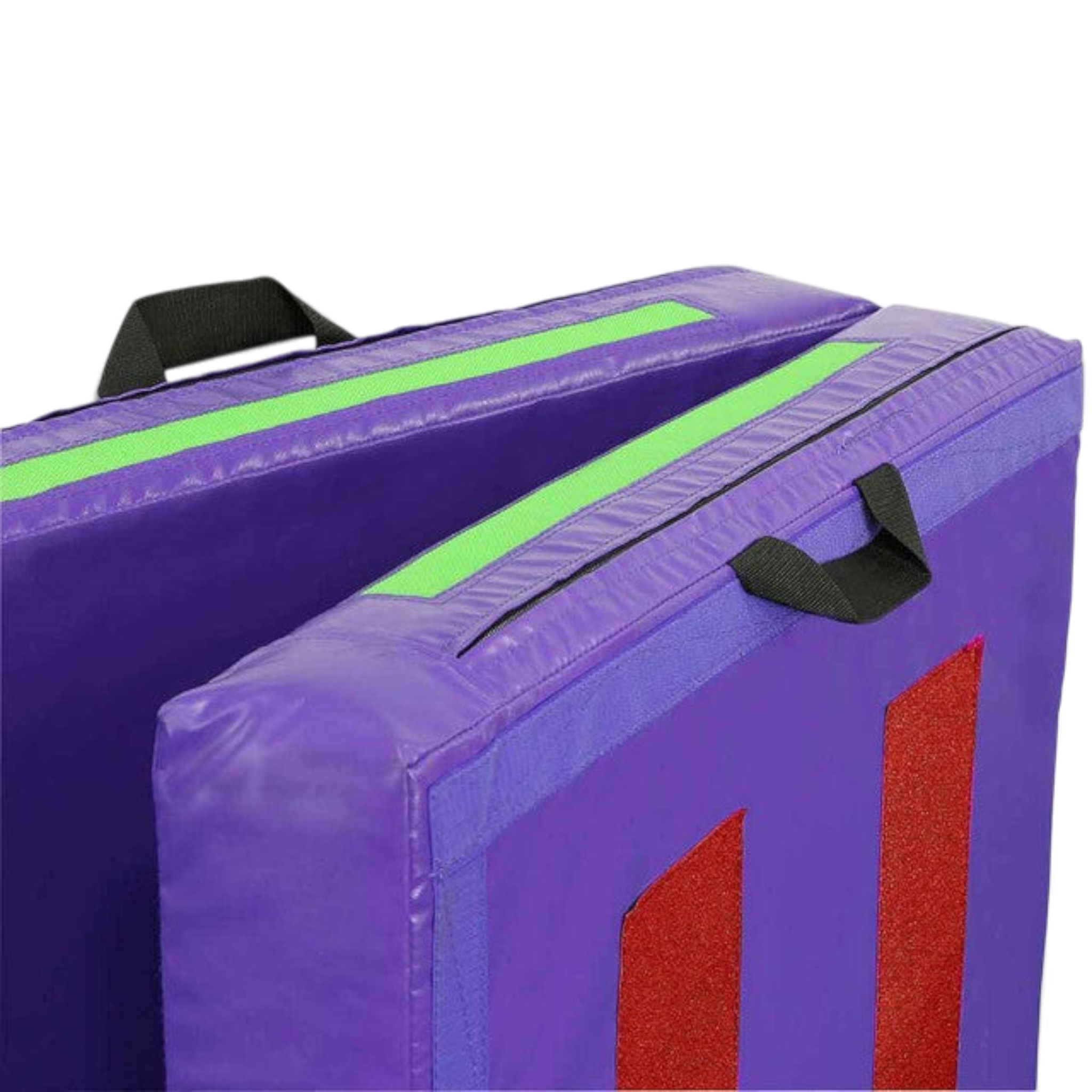 UK Gym Pits foldable purple practice mat with green velcro strips, red accents, and black nylon carrying handles.