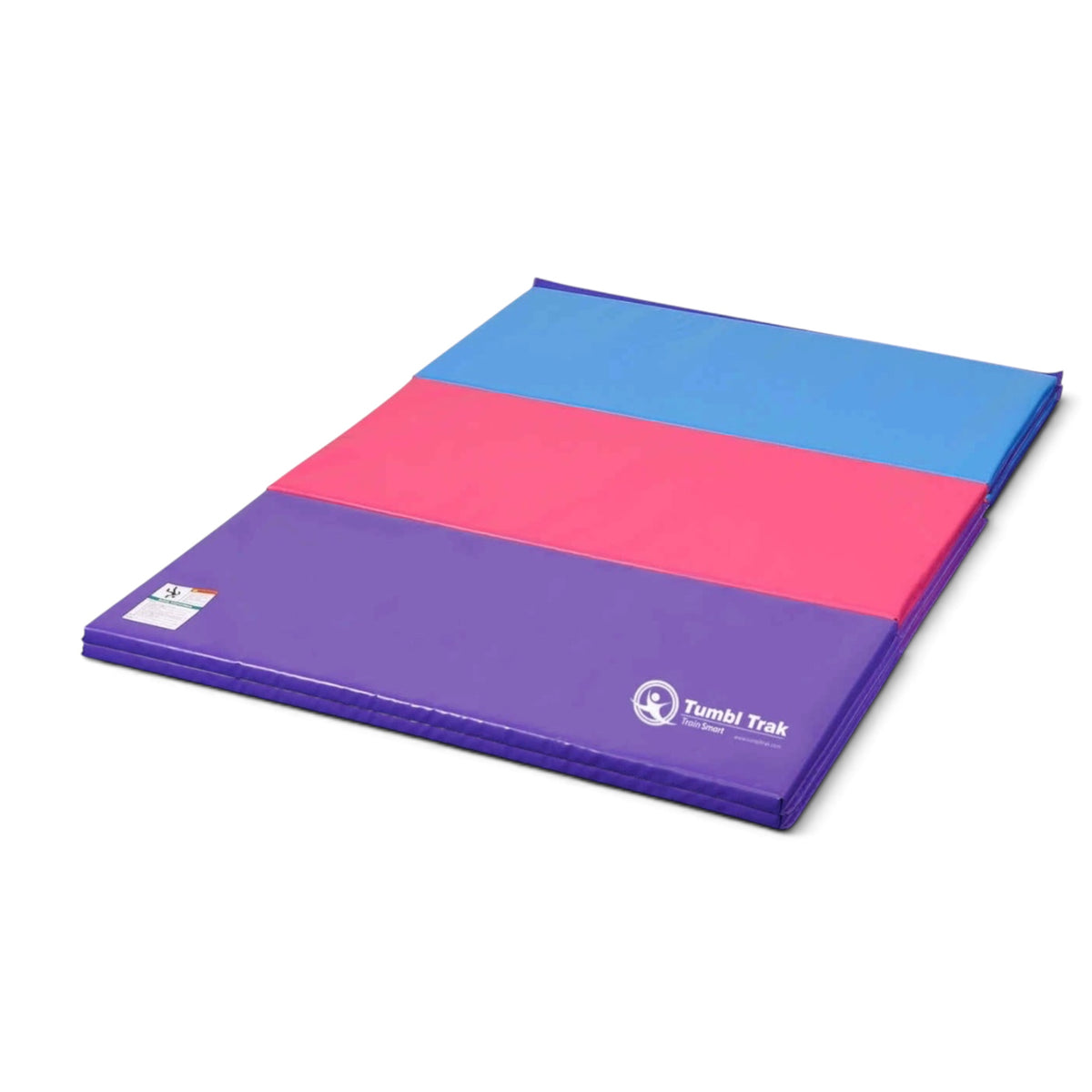 UK Gym Pits foldable tumbling mat in purple, pink, and blue vinyl for gymnastics and exercise training