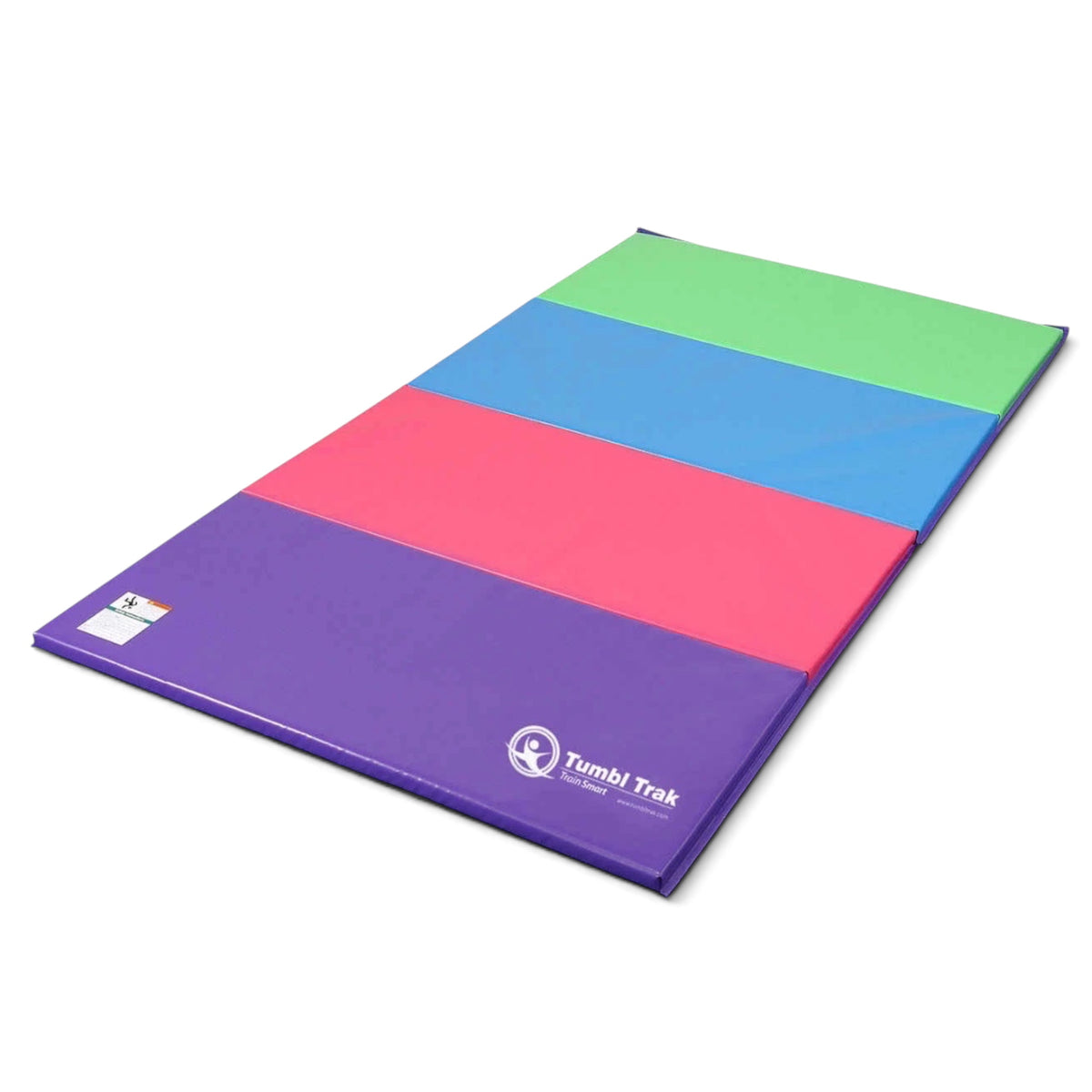 UK Gym Pits foldable tumbling mat with multi-coloured vinyl panels in purple, pink, blue, and green for gymnastics