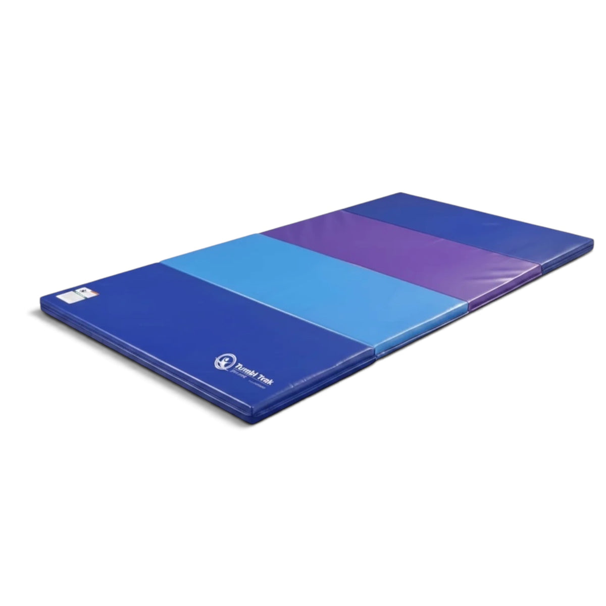 UK Gym Pits foldable tumbling mat featuring blue and purple vinyl panels for gymnastics and exercise training