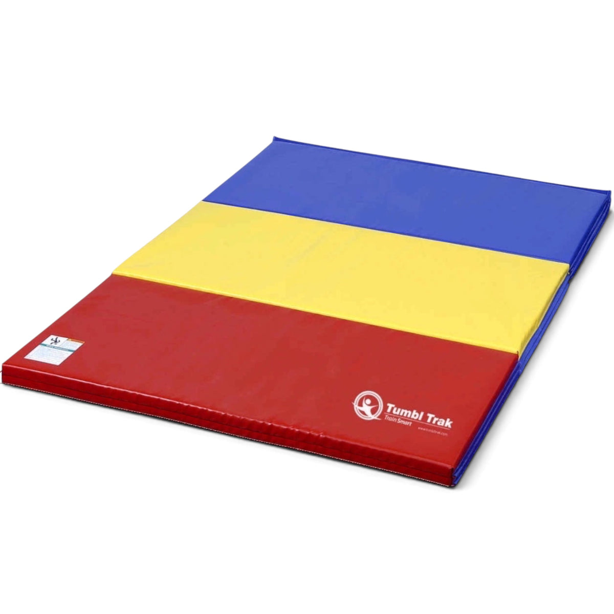 UK Gym Pits foldable tumbling mat featuring red, yellow, and blue vinyl panels for gymnastics and exercise training.