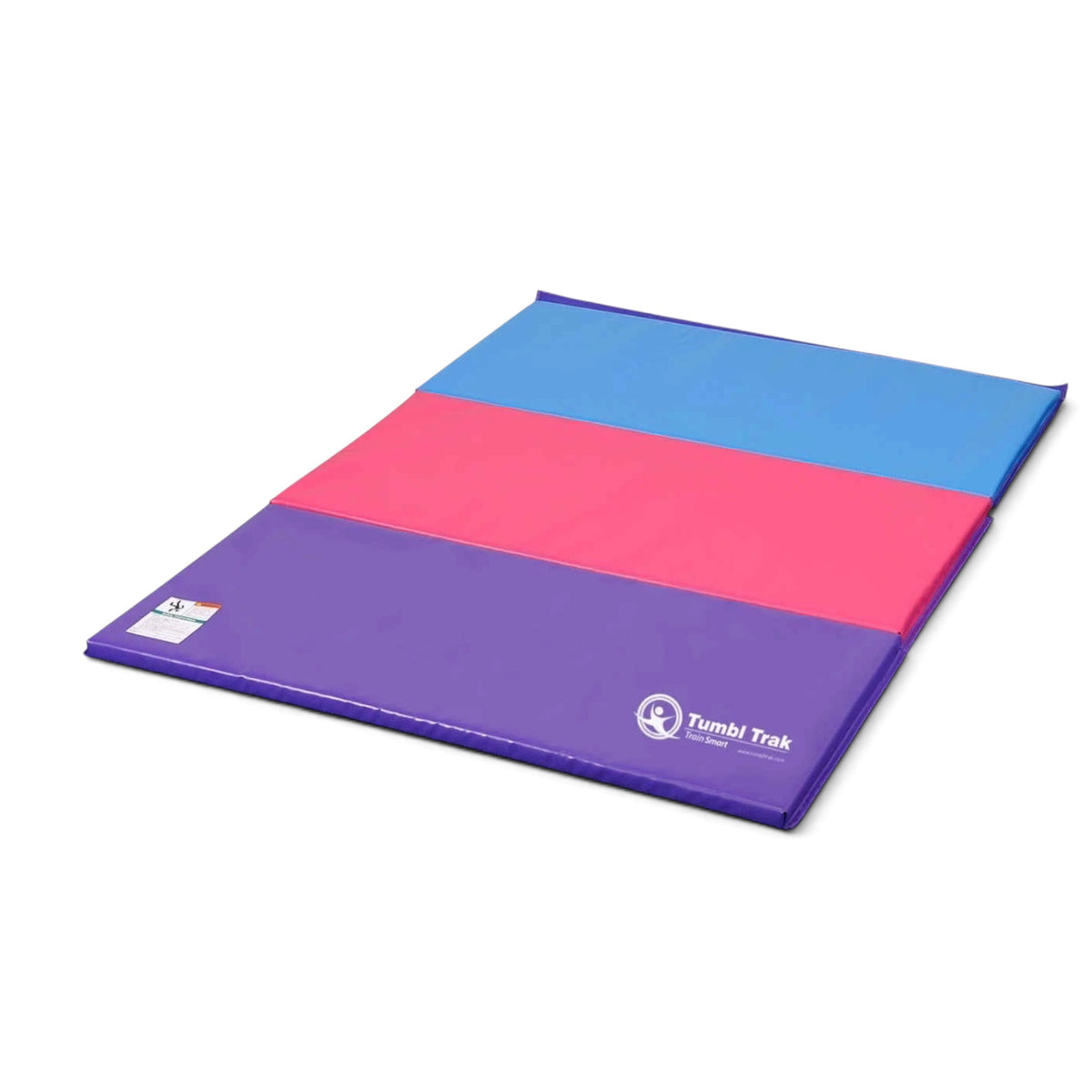 UK Gym Pits foldable tumbling mat in purple, pink, and blue vinyl for gymnastics and exercise training.