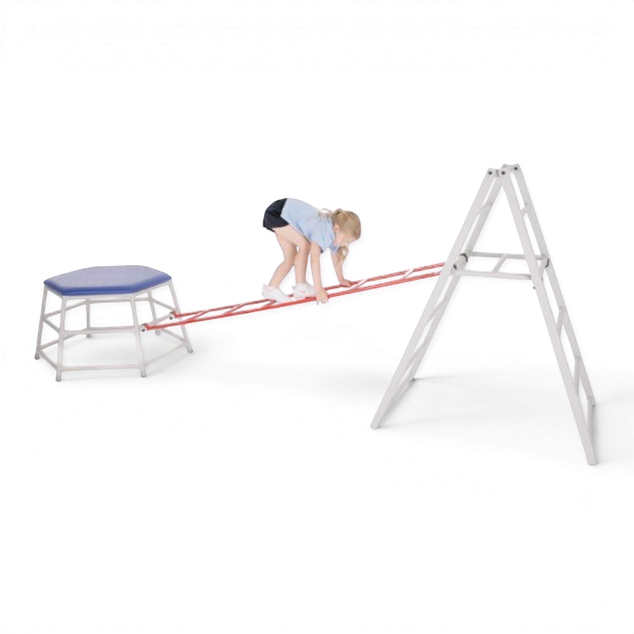 UK Gym Pits silver aluminium folding agility trestle used in a gymnastic bridging station with a child climbing