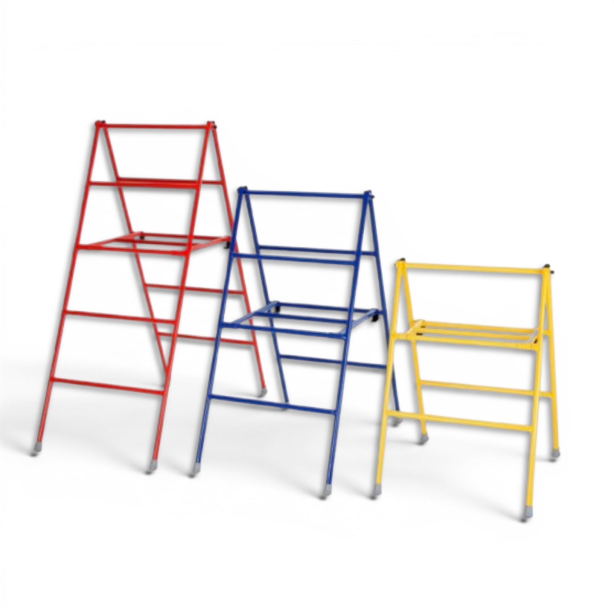 UK Gym Pits set of three folding agility trestles in red, blue, and yellow powder-coated tubular steel for gymnastics.