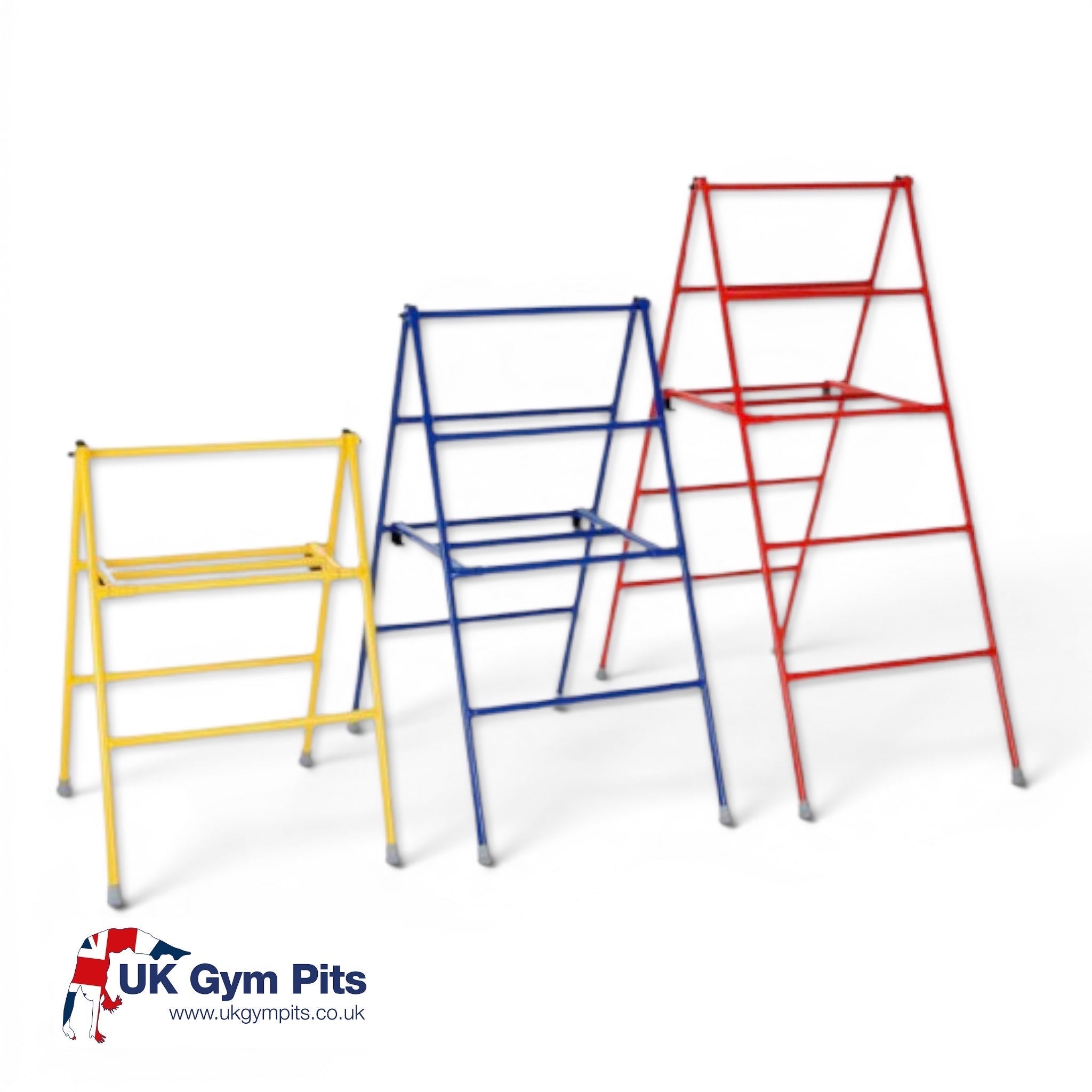 UK Gym Pits set of three folding agility trestles in yellow, blue, and red powder-coated steel with rubber feet.