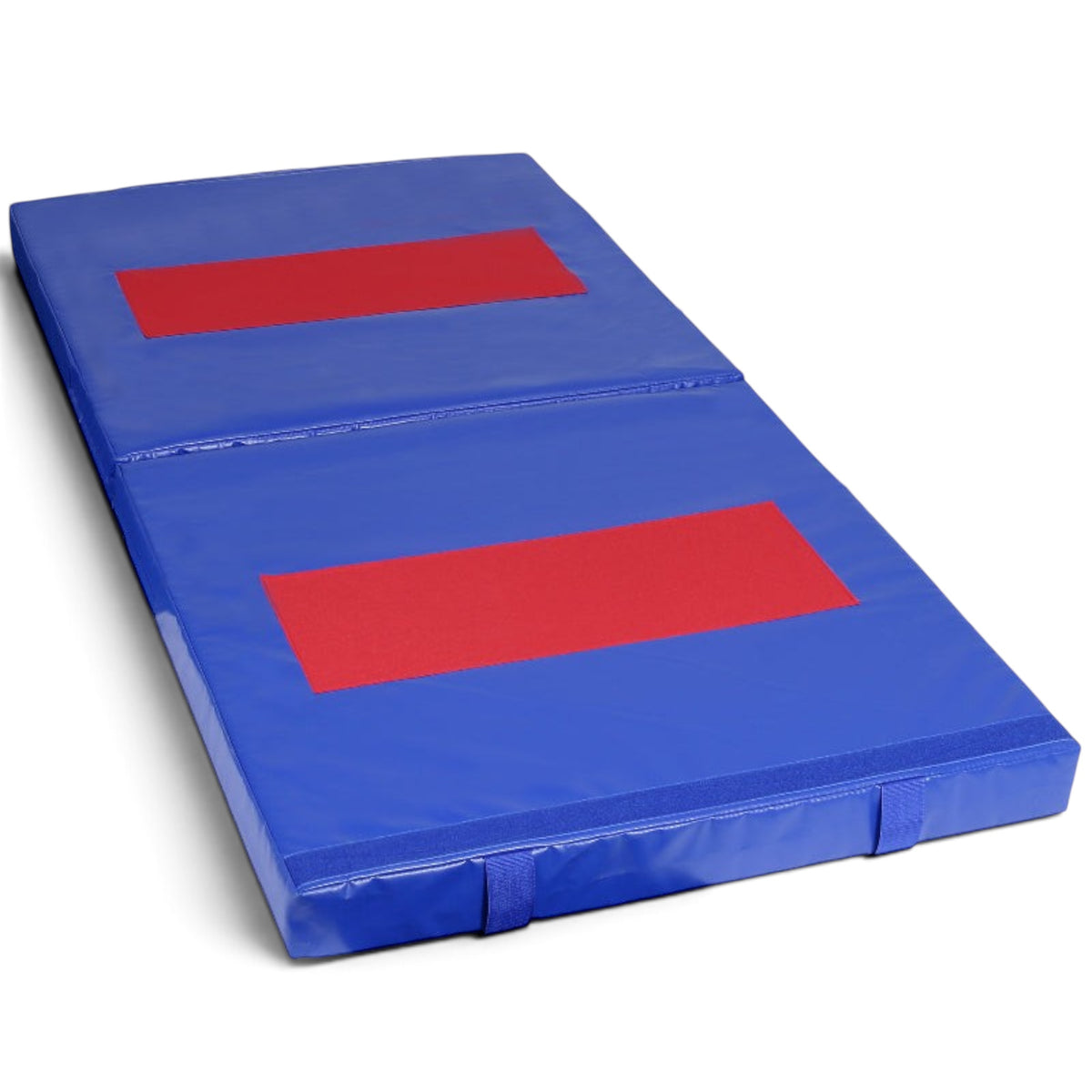 UK Gym Pits junior folding practice mat in royal blue with red velcro strips for gymnastics tumbling and landings.