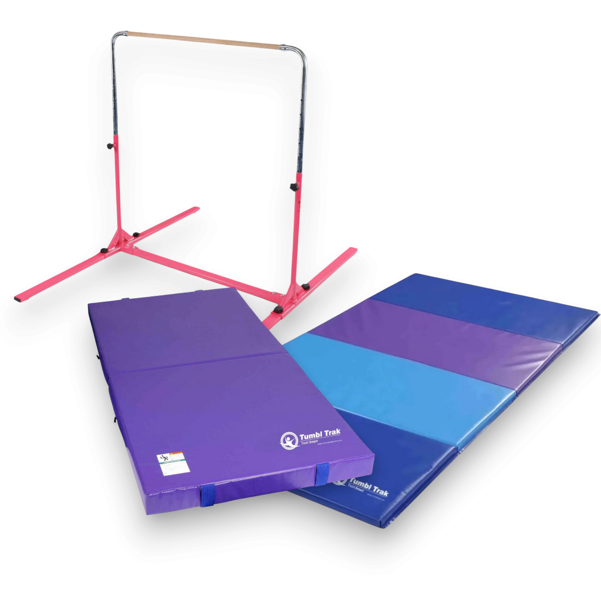 UK Gym Pits folding gymnastics tumbling mat in blue and purple vinyl panels for home or gym training