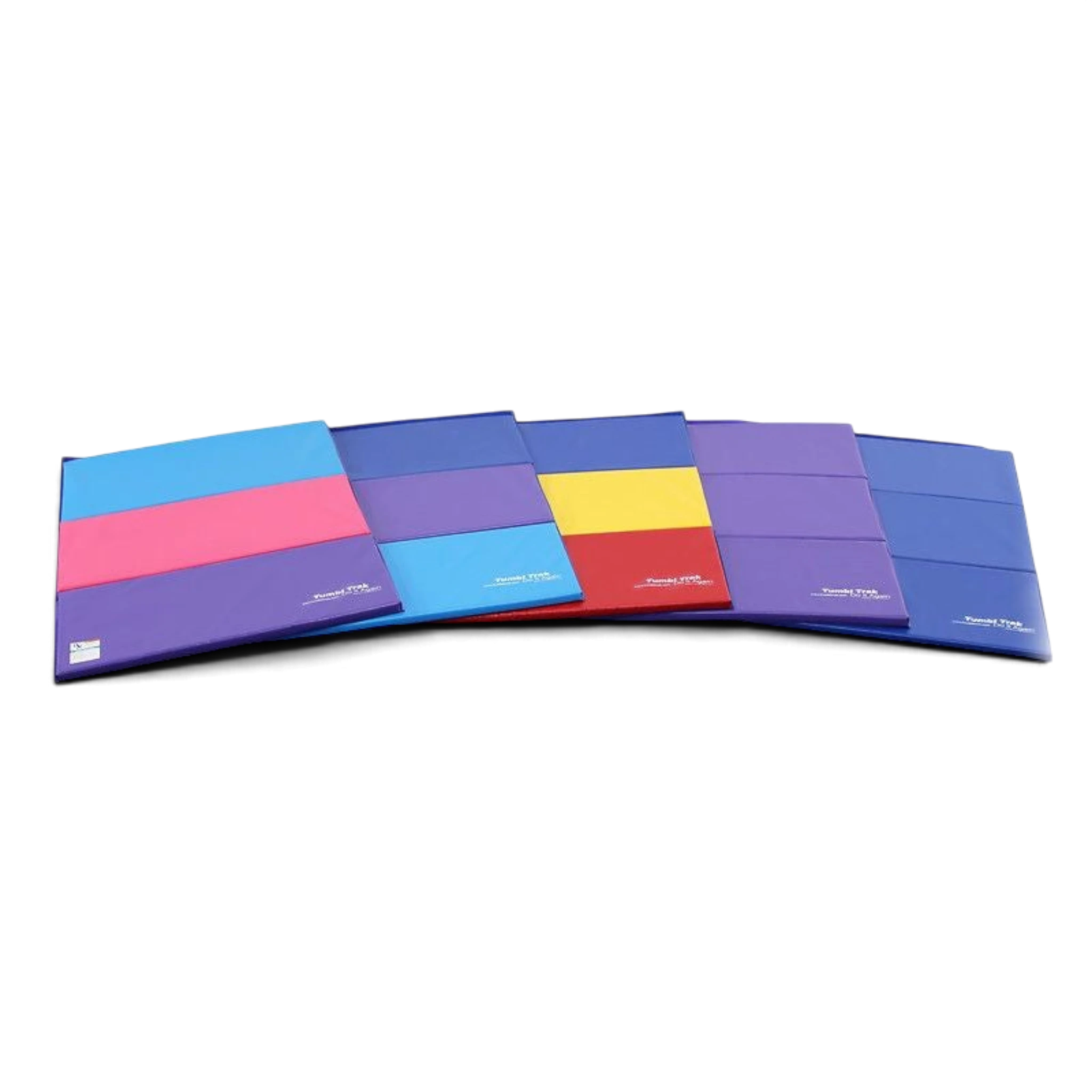 UK Gym Pits folding gymnastics tumbling mats in various bright colours including blue, purple, pink, and yellow.