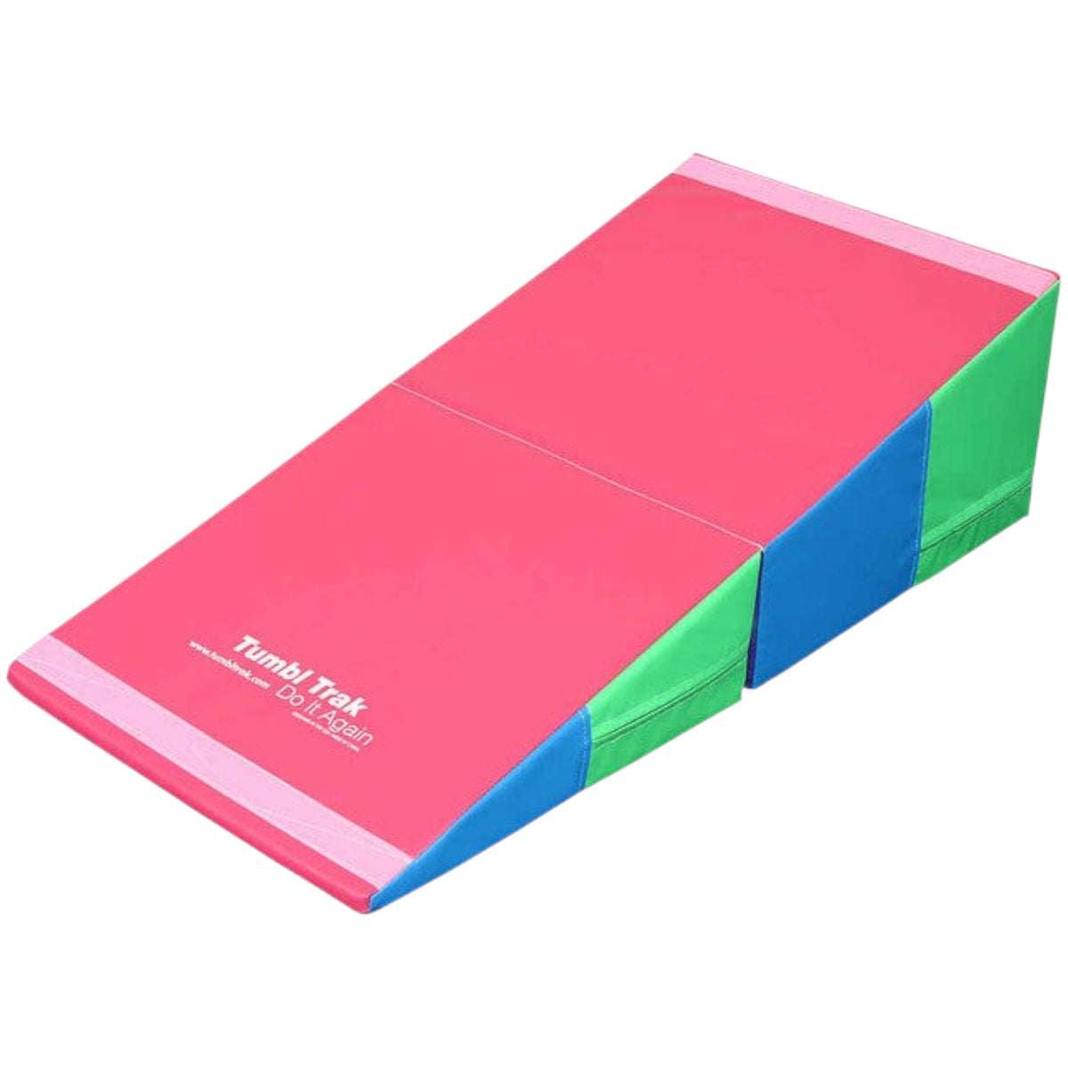 UK Gym Pits folding incline gymnastics wedge mat in pink, blue, and green vinyl for tumbling and skill training