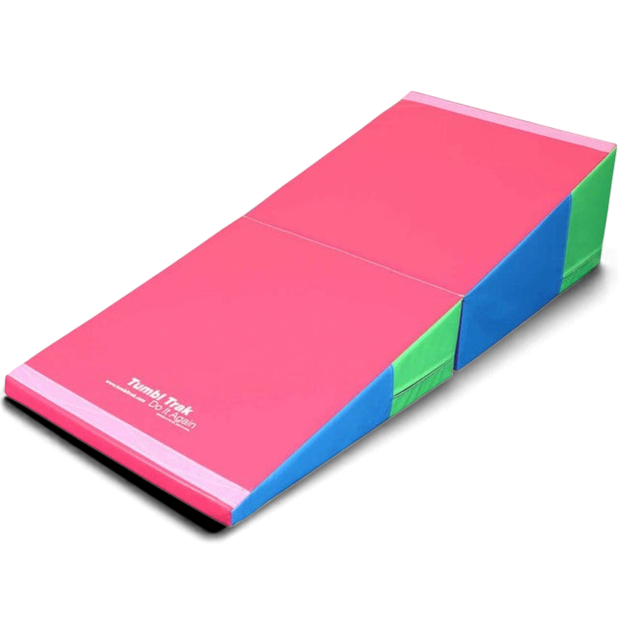 UK Gym Pits folding incline gymnastics mat in bright pink, blue, and green vinyl for tumbling and skill training.