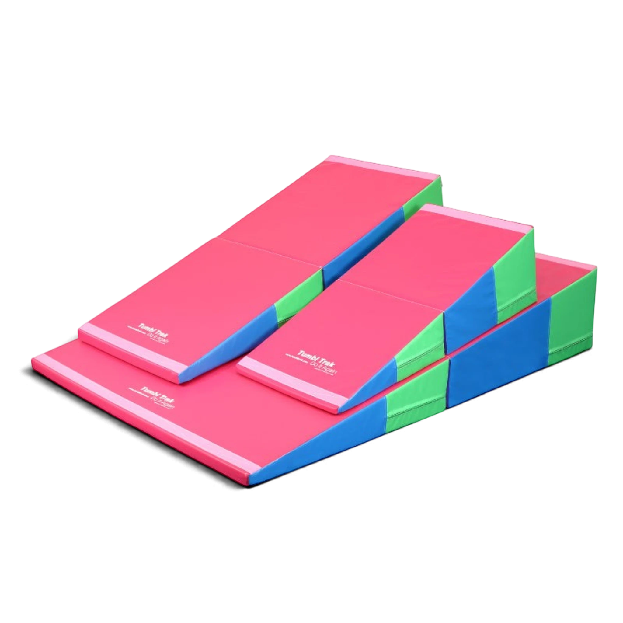 UK Gym Pits essential tumbling package featuring pink, blue, and green vinyl folding incline mats for gymnastics