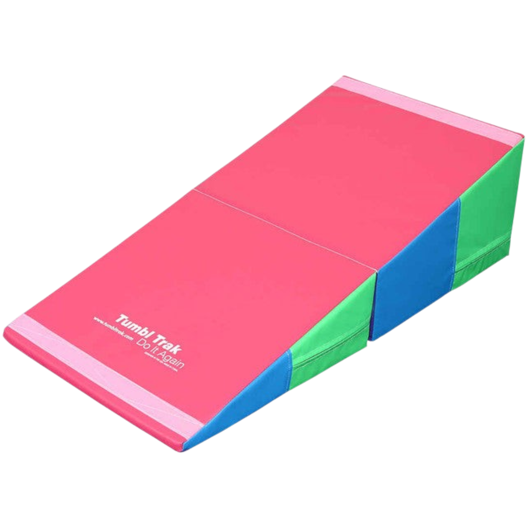 UK Gym Pits folding incline wedge mat in pink, blue, and green vinyl for gymnastics and tumbling training.