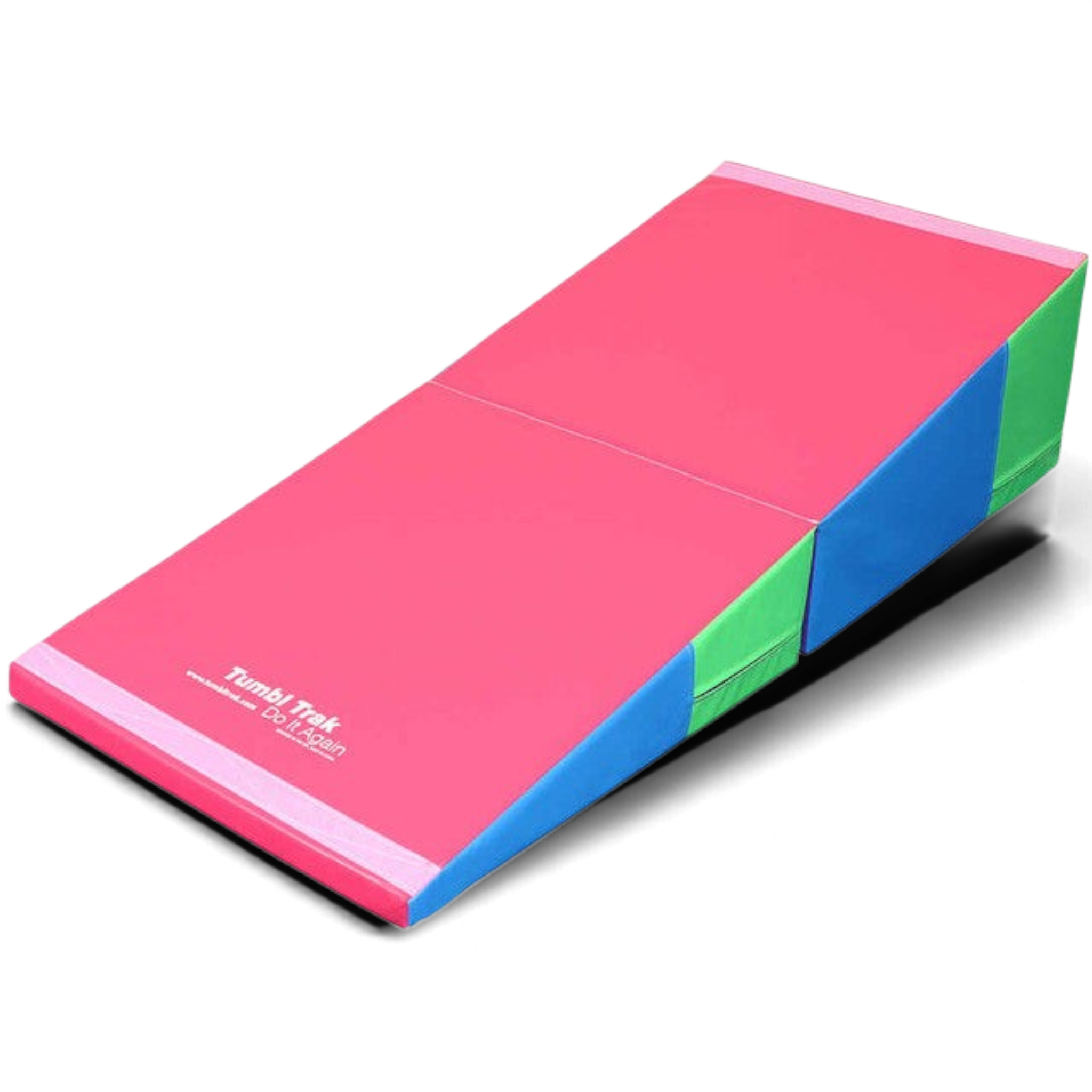 UK Gym Pits folding incline wedge mat in pink, blue, and green vinyl for gymnastics and cheer training.