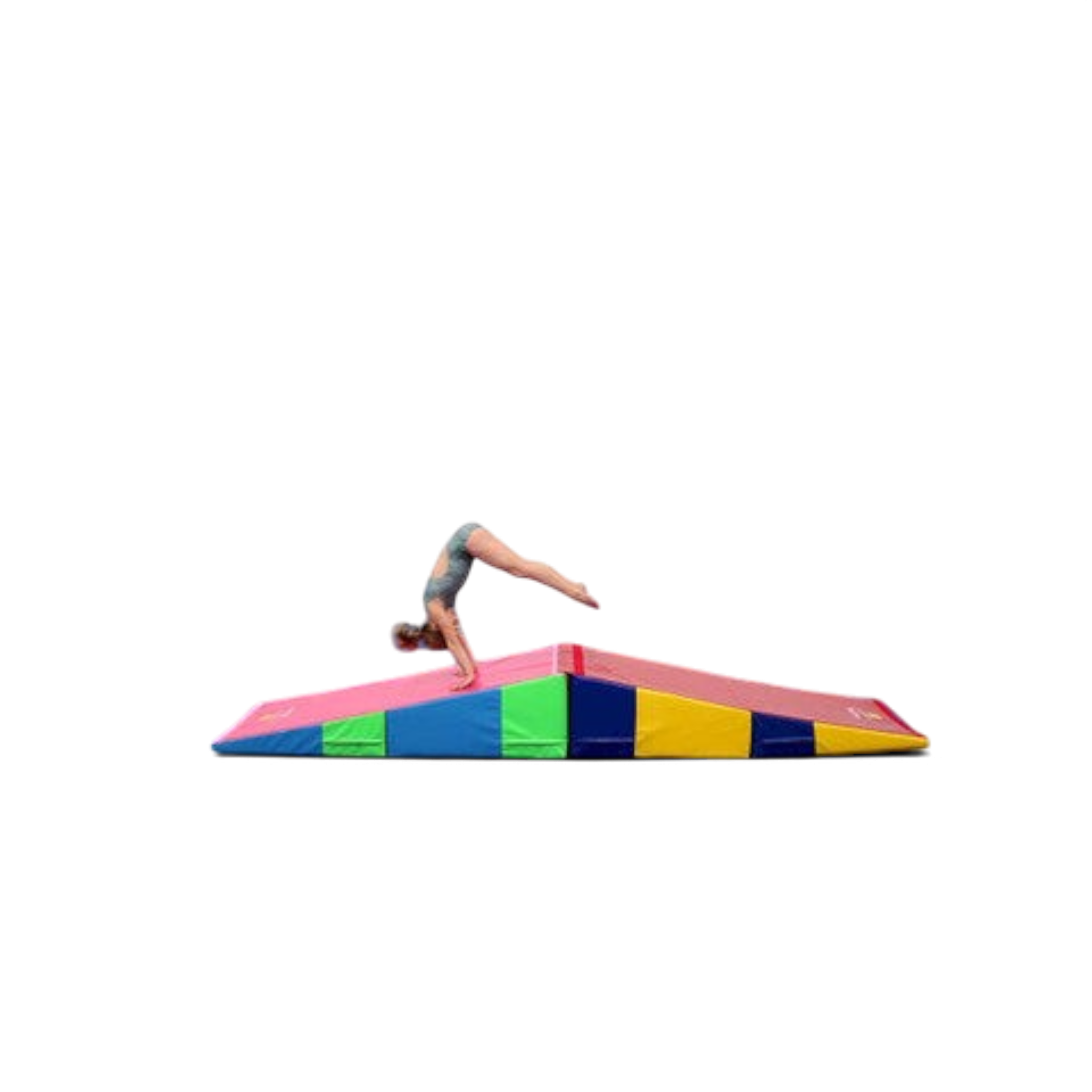 UK Gym Pits folding incline wedge mat with a gymnast performing a handstand on the colourful vinyl surface