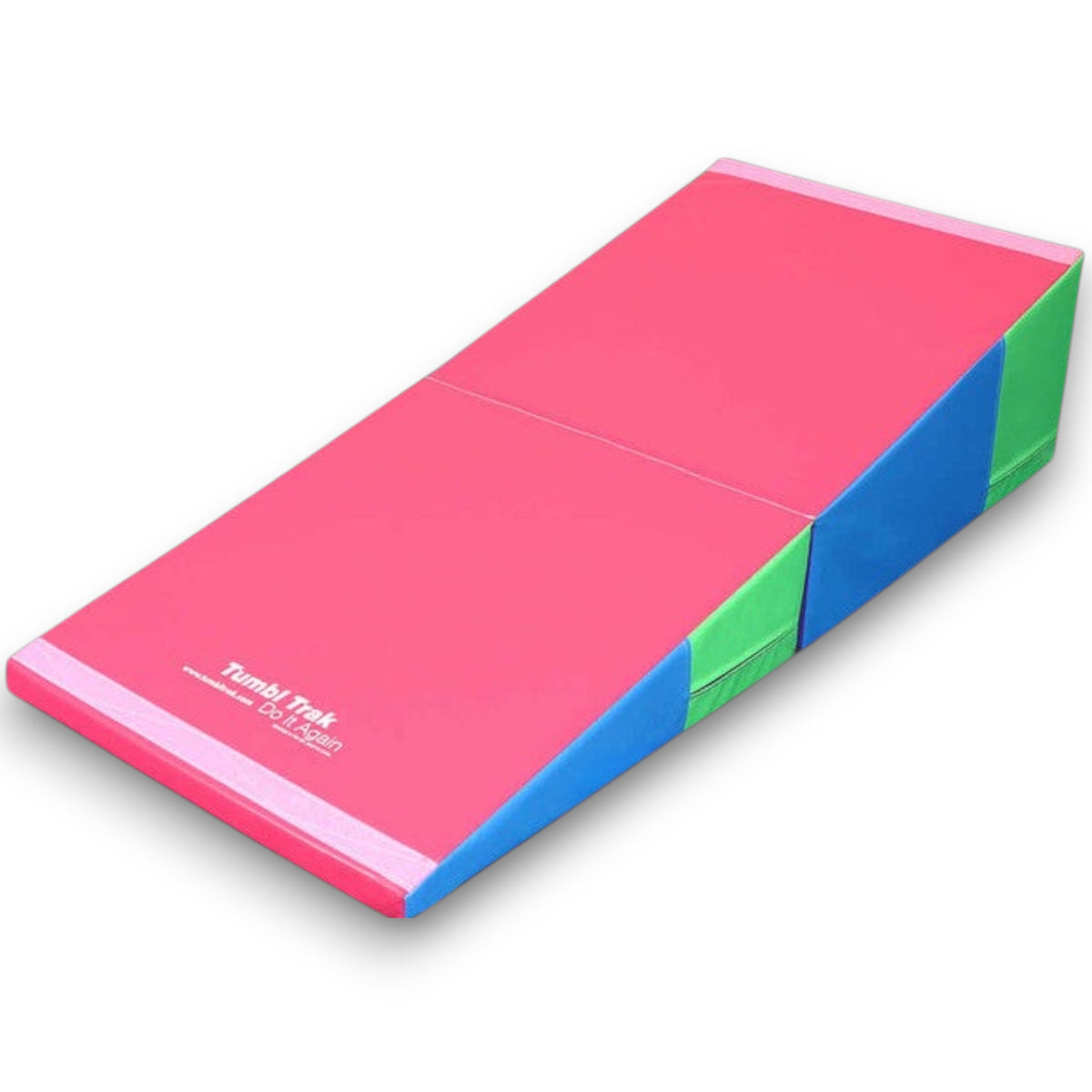 UK Gym Pits folding incline wedge mat in pink, blue, and green vinyl for gymnastics and cheer skill training