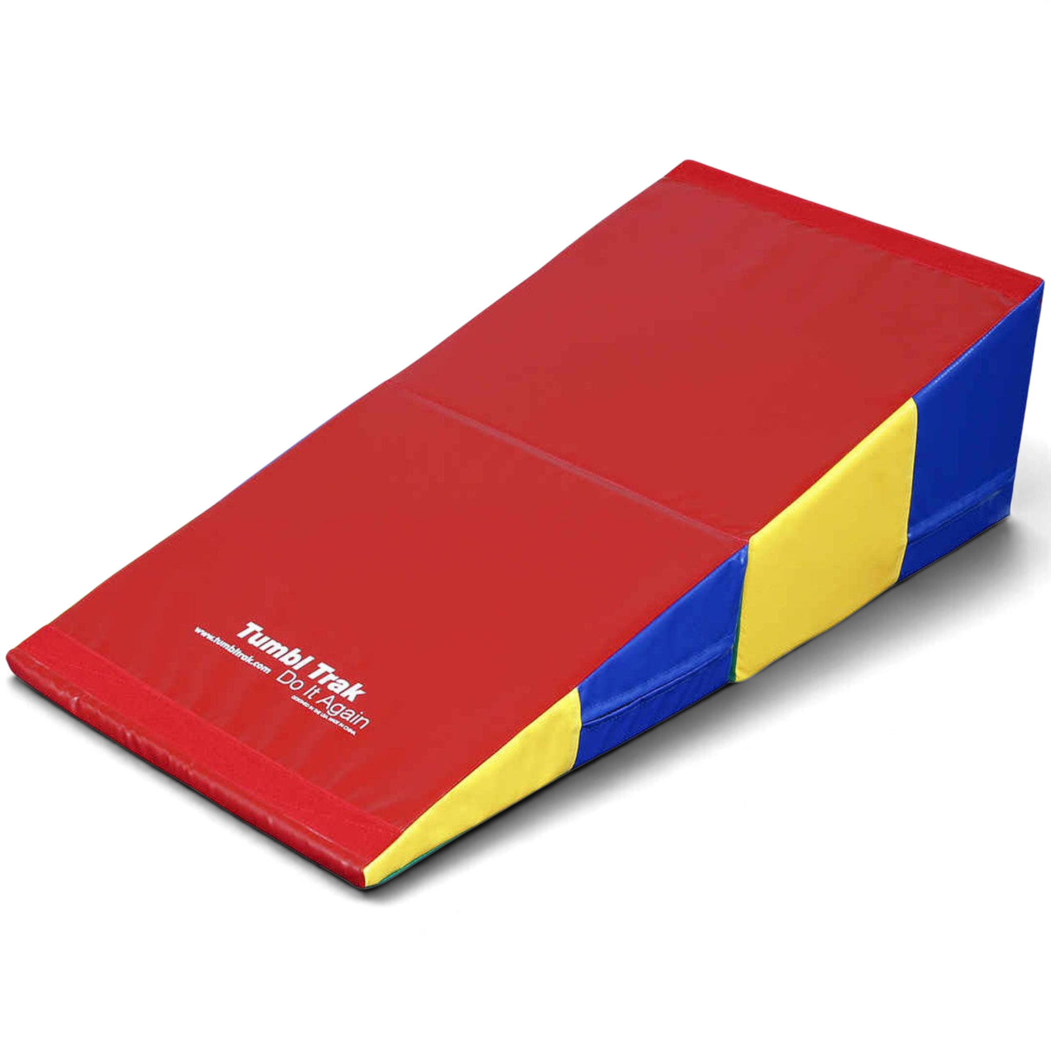 UK Gym Pits folding incline wedge mat in red, blue, and yellow vinyl for gymnastics and cheer training.