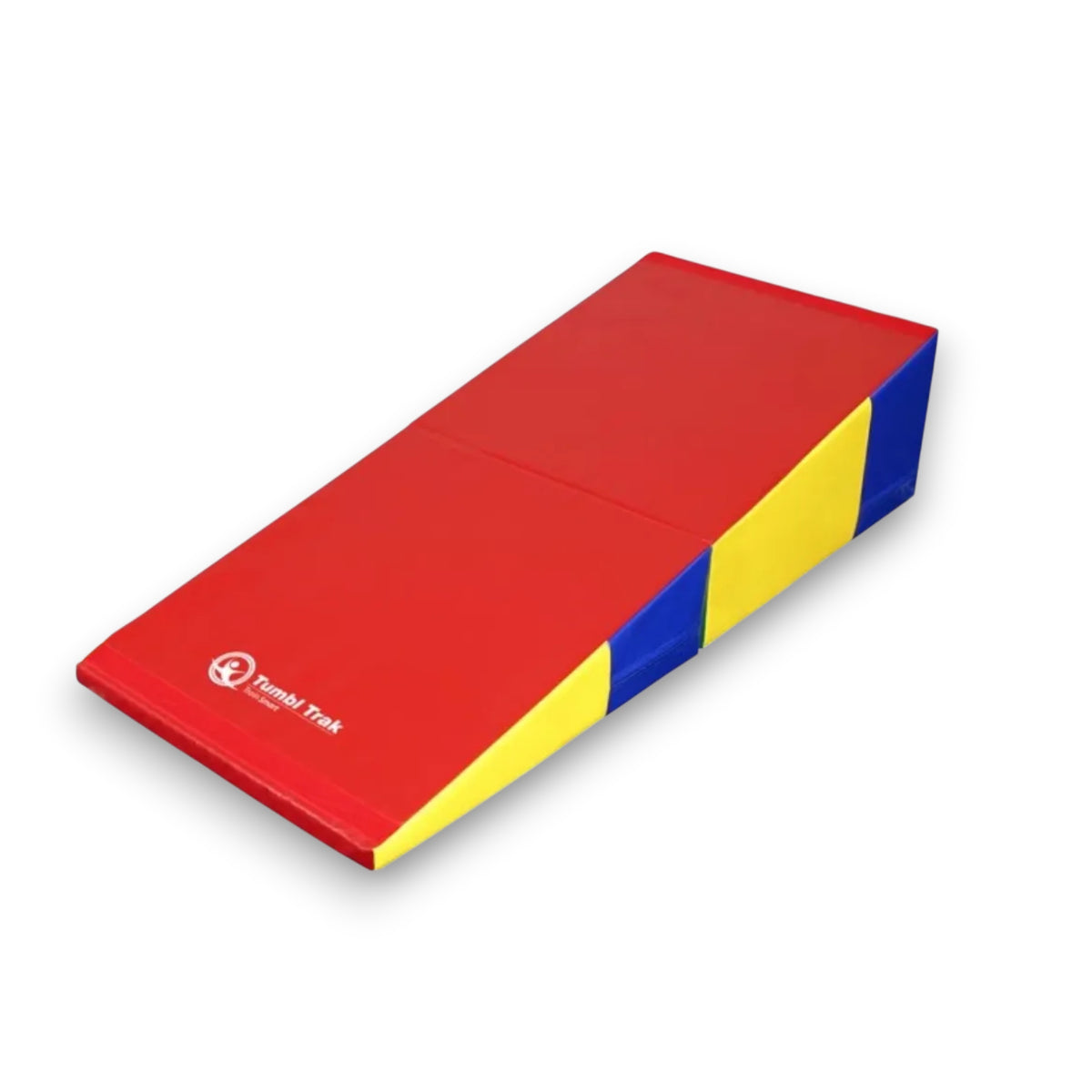 UK Gym Pits folding incline wedge mat in red, blue, and yellow vinyl for gymnastics and tumbling training.