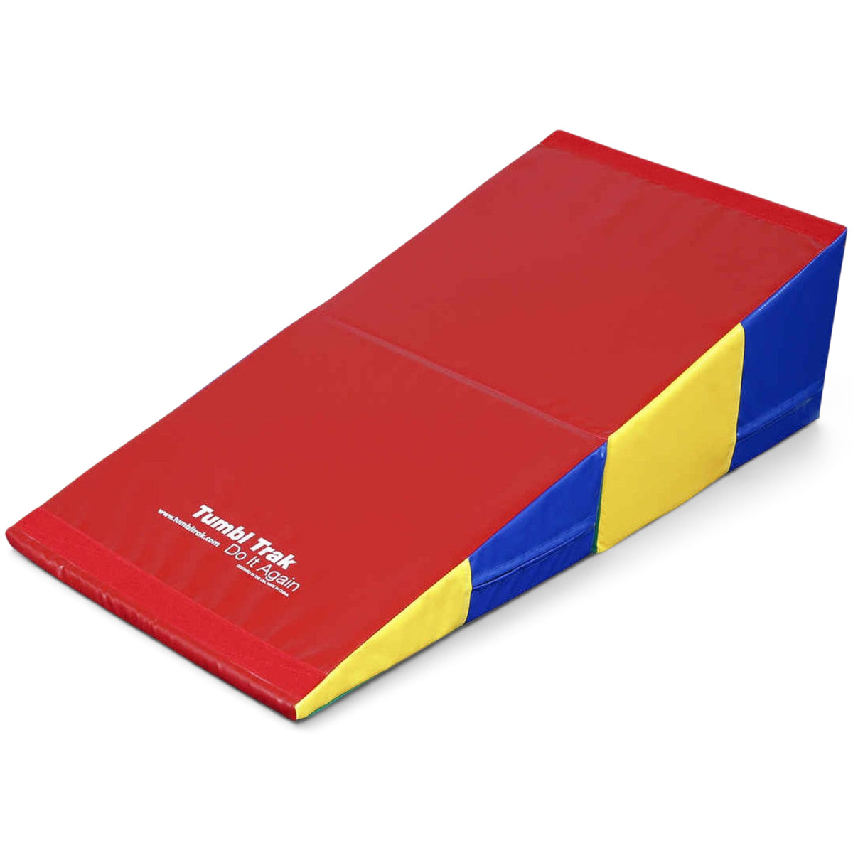 UK Gym Pits folding incline wedge mat in red, blue, and yellow vinyl for gymnastics and tumbling training.