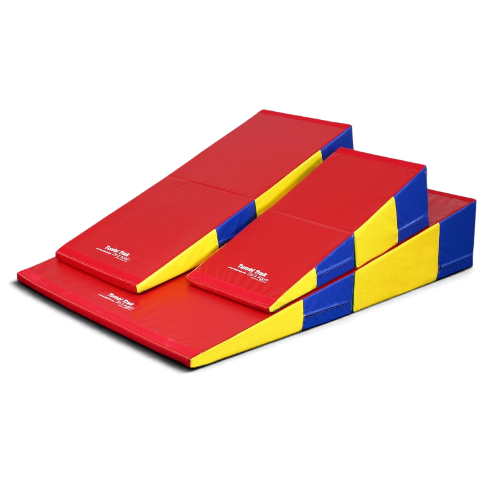 UK Gym Pits folding incline wedge mats in red, yellow, and blue vinyl for gymnastics and cheer training