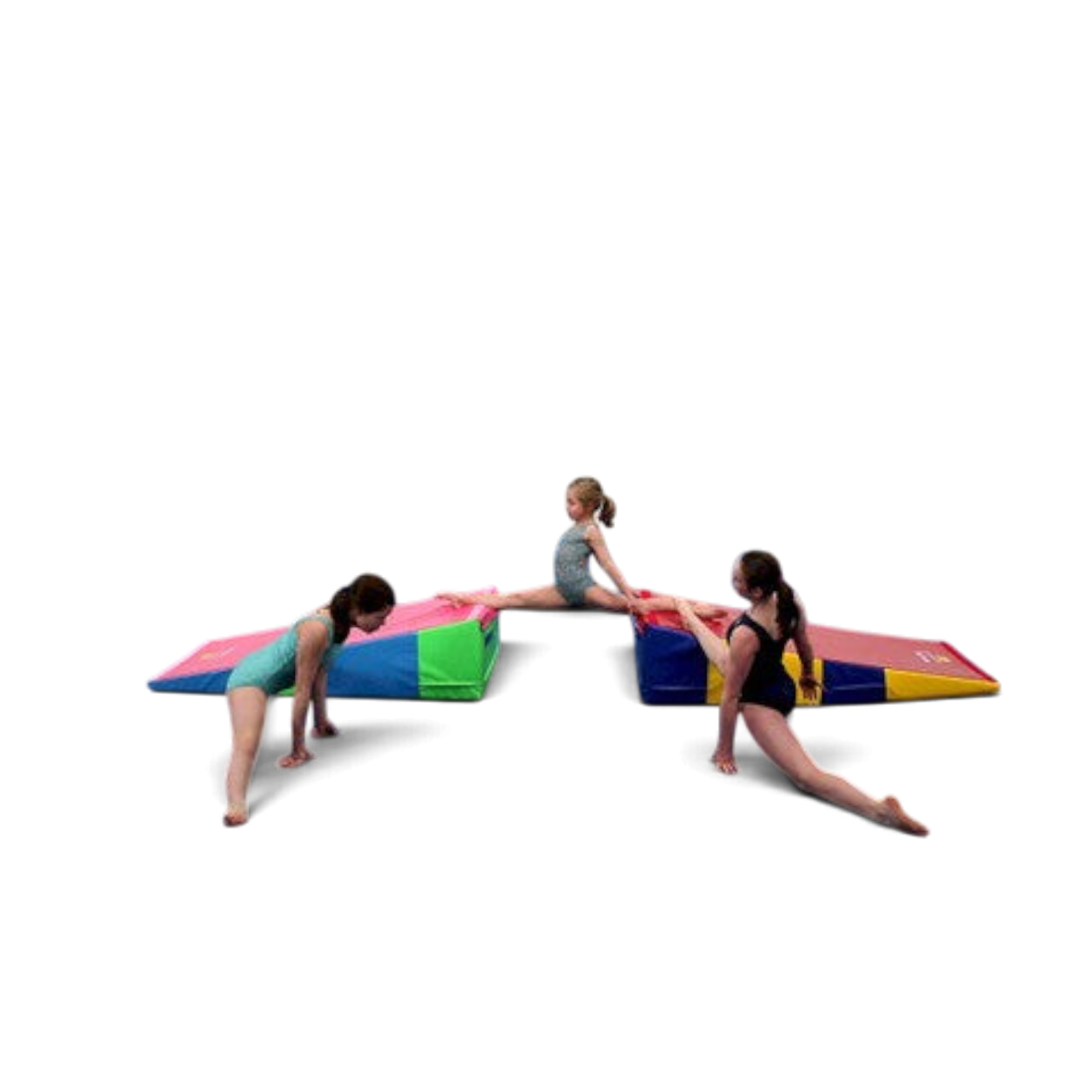 UK Gym Pits folding incline wedge mats used by young gymnasts for stretching and skill training in a studio