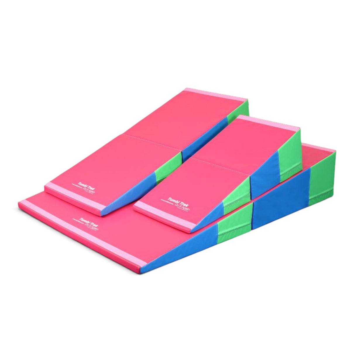 UK Gym Pits folding incline wedge mats in pink, blue, and green vinyl for gymnastics and tumbling training