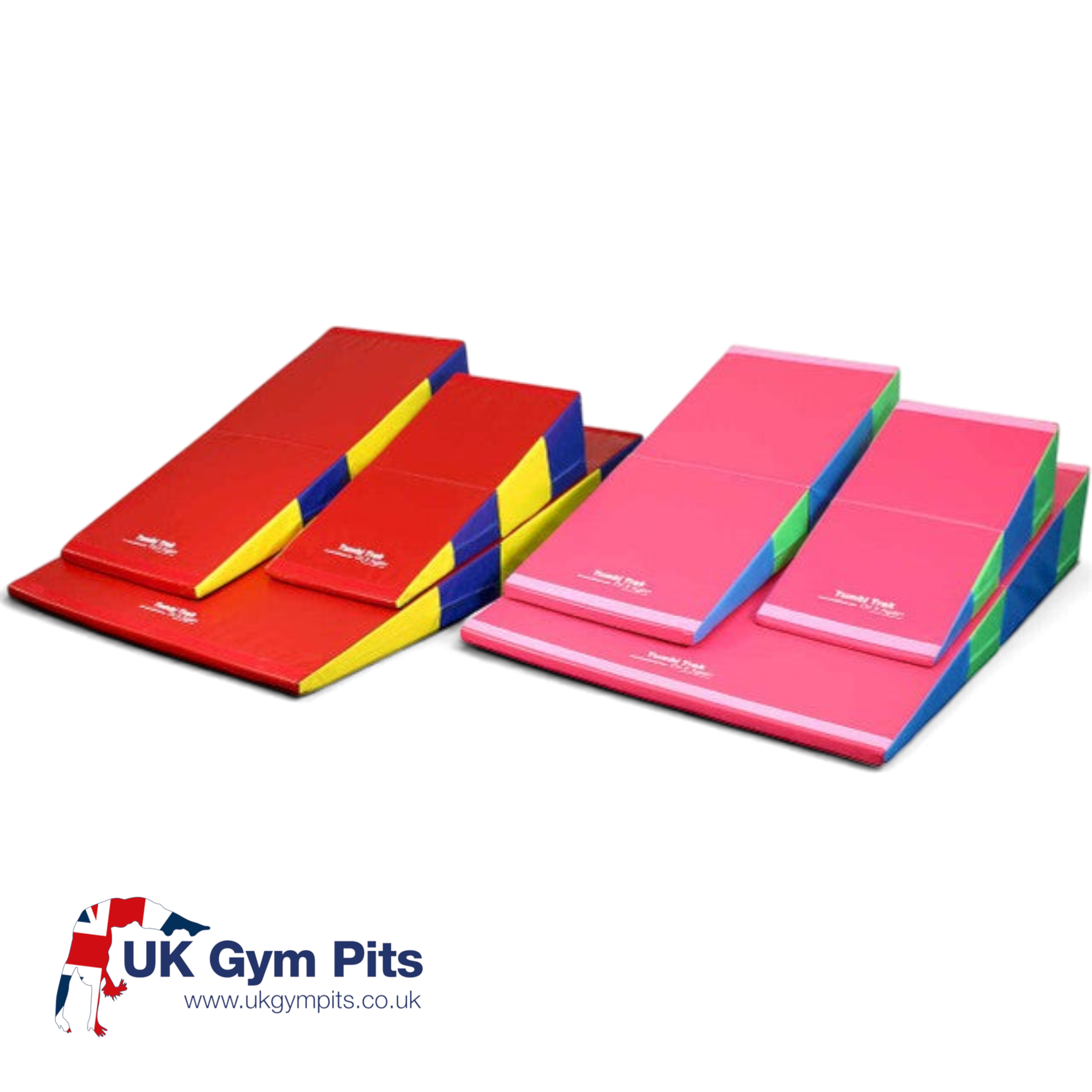 UK Gym Pits folding incline wedge mats in red and pink vinyl for gymnastics and cheer training